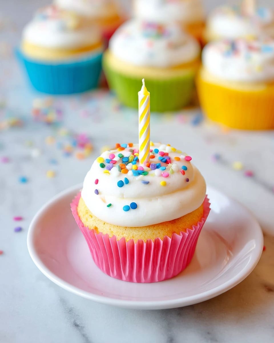 A single cupcake is placed at the center of a white plate on a white marbled surface. The cupcake has two main layers: the base is golden yellow cake wrapped in a bright pink paper liner with thin vertical ridges, and the top layer is a thick swirl of white frosting with a smooth and fluffy texture. The frosting is sprinkled with small round multicolored candy sprinkles in red, blue, yellow, green, and pink. In the middle of the frosting, a yellow and white striped birthday candle stands upright. In the background, there are more cupcakes with similar frosting and sprinkles, displayed in blue, yellow, green, and pink paper liners, slightly out of focus. photo taken with an iphone --ar 4:5 --v 7