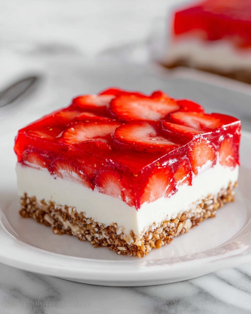 The image shows a square slice of dessert on a white plate, placed on a white marbled surface. The dessert has three distinct layers: the bottom layer is a crumbly, brown nut and graham cracker crust; the middle layer is thick, white, and creamy; the top layer is a shiny, red gelatin filled with thinly sliced strawberries arranged evenly. The strawberries add a textured, fresh look to the bright top glaze. Photo taken with an iphone --ar 4:5 --v 7