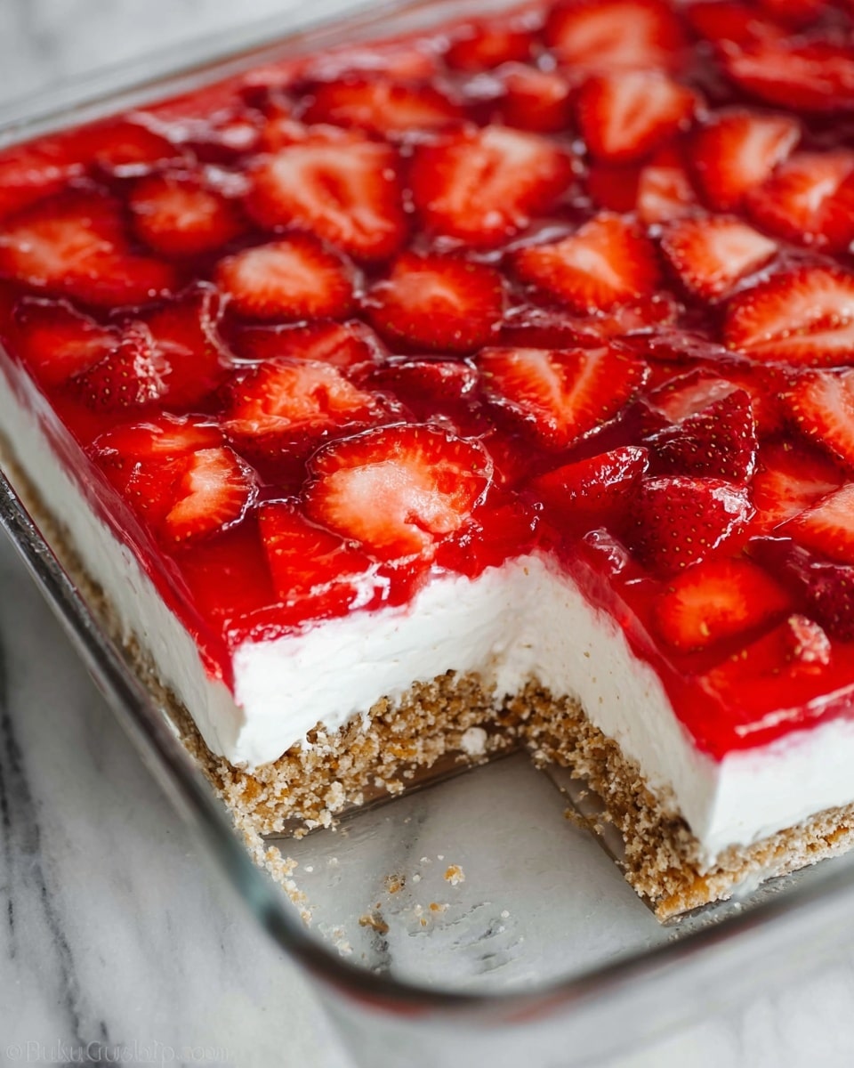 The image shows a strawberry dessert with three clear layers. The bottom layer is a crumbly, light brown crust with a rough texture. The middle layer is thick, white, and creamy, looking soft and smooth. The top layer contains bright red strawberry slices evenly spread and covered with a red gelatin glaze that shines under the light. The dessert is in a glass baking dish set on a white marbled surface, with a large piece missing from the front, revealing the layers clearly. Photo taken with an iphone --ar 4:5 --v 7