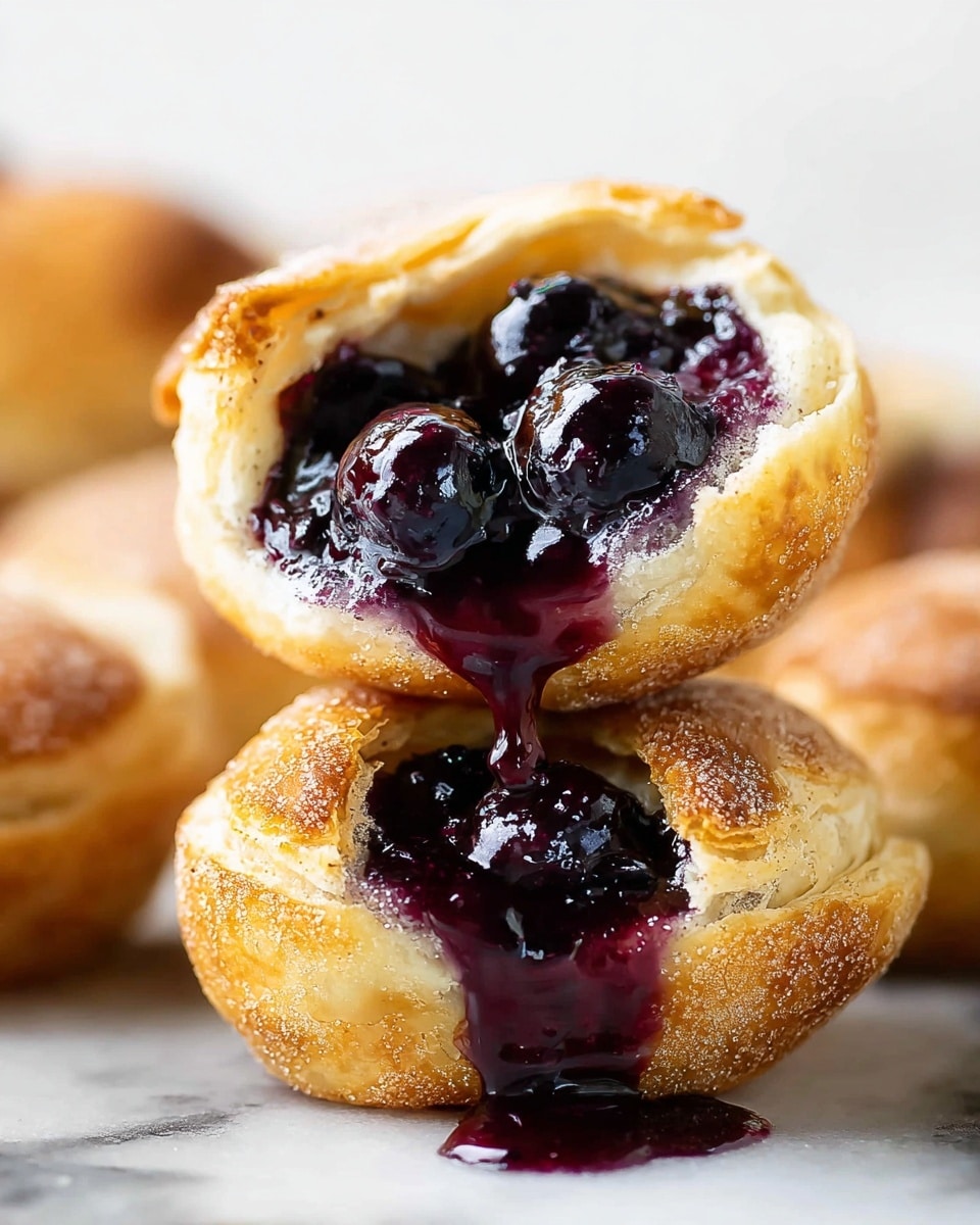 The image shows two small golden-brown pastries stacked on a white marbled surface, with one on top slightly opened revealing a glossy, deep purple blueberry filling that is thick and syrupy, oozing down the sides. The top pastry has a light, crispy texture with a sprinkle of sugar on its crust, while the bottom pastry supports the dripping blueberry sauce that pools slightly on the surface. In the background, there are blurred similar pastries, emphasizing the main focus on the two stacked ones. photo taken with an iphone --ar 4:5 --v 7