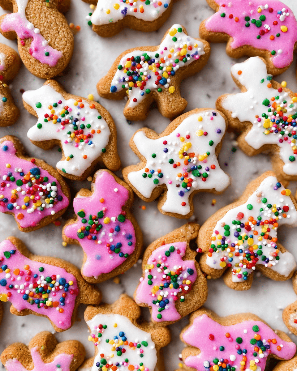 The image shows many animal-shaped cookies spread out on a white marbled surface. Each cookie has two layers: the bottom layer is golden brown, showing the baked cookie, and the top layer has a smooth icing that is either bright pink or white. Scattered on top of the icing are small round multicolored sprinkles in red, green, yellow, blue, purple, orange, and white. The texture of the cookies looks slightly crunchy but soft, with the colorful sprinkles adding a playful and festive look. Some cookies have full icing coverage while others show parts of the golden cookie base. photo taken with an iphone --ar 4:5 --v 7