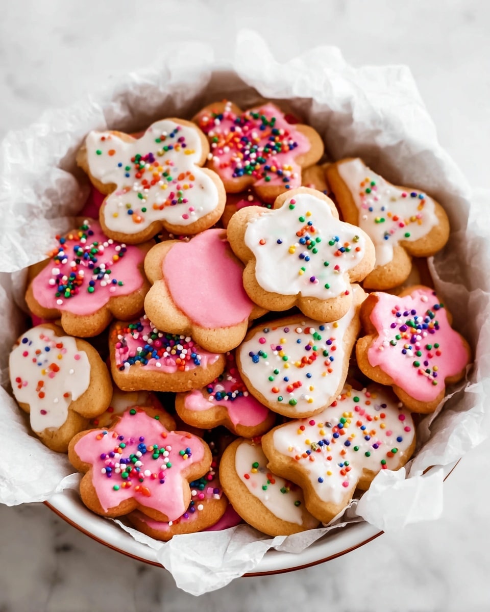 A white round pan lined with crinkled white parchment paper holds a pile of small cookies in various shapes, such as flowers, leaves, and abstract forms. Each cookie has a light brown base and is topped with a smooth layer of pink or white icing. On top of the icing, there are small round sprinkles in bright colors like red, orange, yellow, green, blue, purple, and white that add a playful texture. Some cookies show the plain brown dough without icing, giving a contrast to the colorful ones. The pan is placed on a white marbled surface. photo taken with an iphone --ar 4:5 --v 7