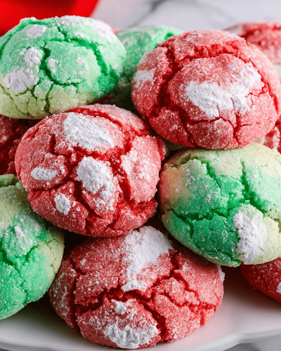 The image shows a close-up of a pile of round cookies with a cracked surface, arranged on a white tray on a white marbled background. Each cookie has a bright color with two clear varieties: red cookies with white powdered sugar patches and green cookies also covered with white powdered sugar patches. The texture of each cookie looks soft and slightly crumbly with the powdered sugar giving a frosted effect on top. The cookies overlap and create a festive, colorful display. Photo taken with an iphone --ar 4:5 --v 7