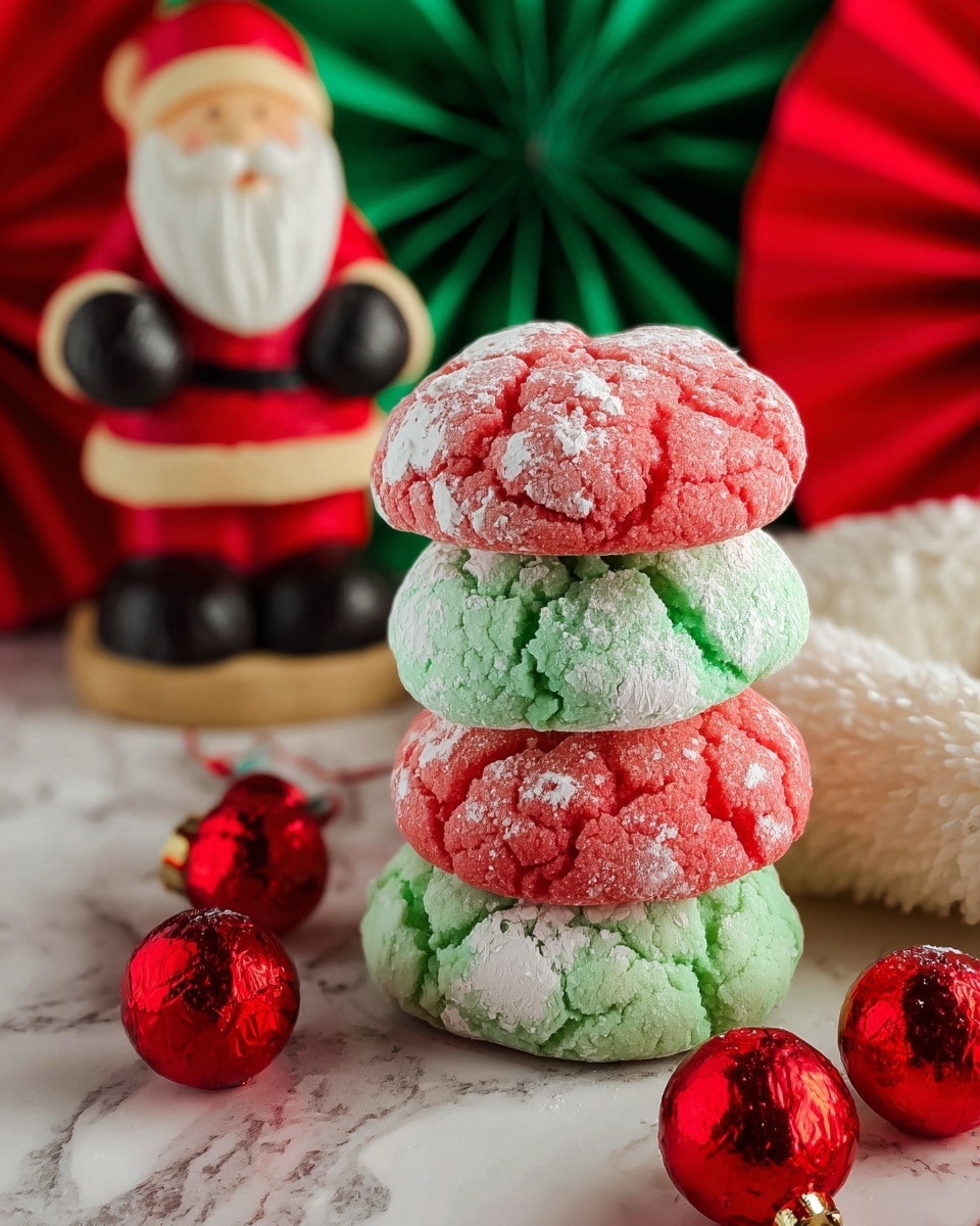 A stack of four round cookies with a cracked, powdered sugar coating stands tall in the center; the cookies alternate between red and green colors, starting with a red cookie on top, followed by green, red, and green at the base. Behind the cookies is a wooden Santa figurine wearing a red outfit with a white beard and black gloves, against a background of folded red and green paper fans. To the side, shiny red jingle bells are scattered on a white marbled surface with subtle embossed patterns, and a soft, white fuzzy fabric is visible on one side. photo taken with an iphone --ar 4:5 --v 7
