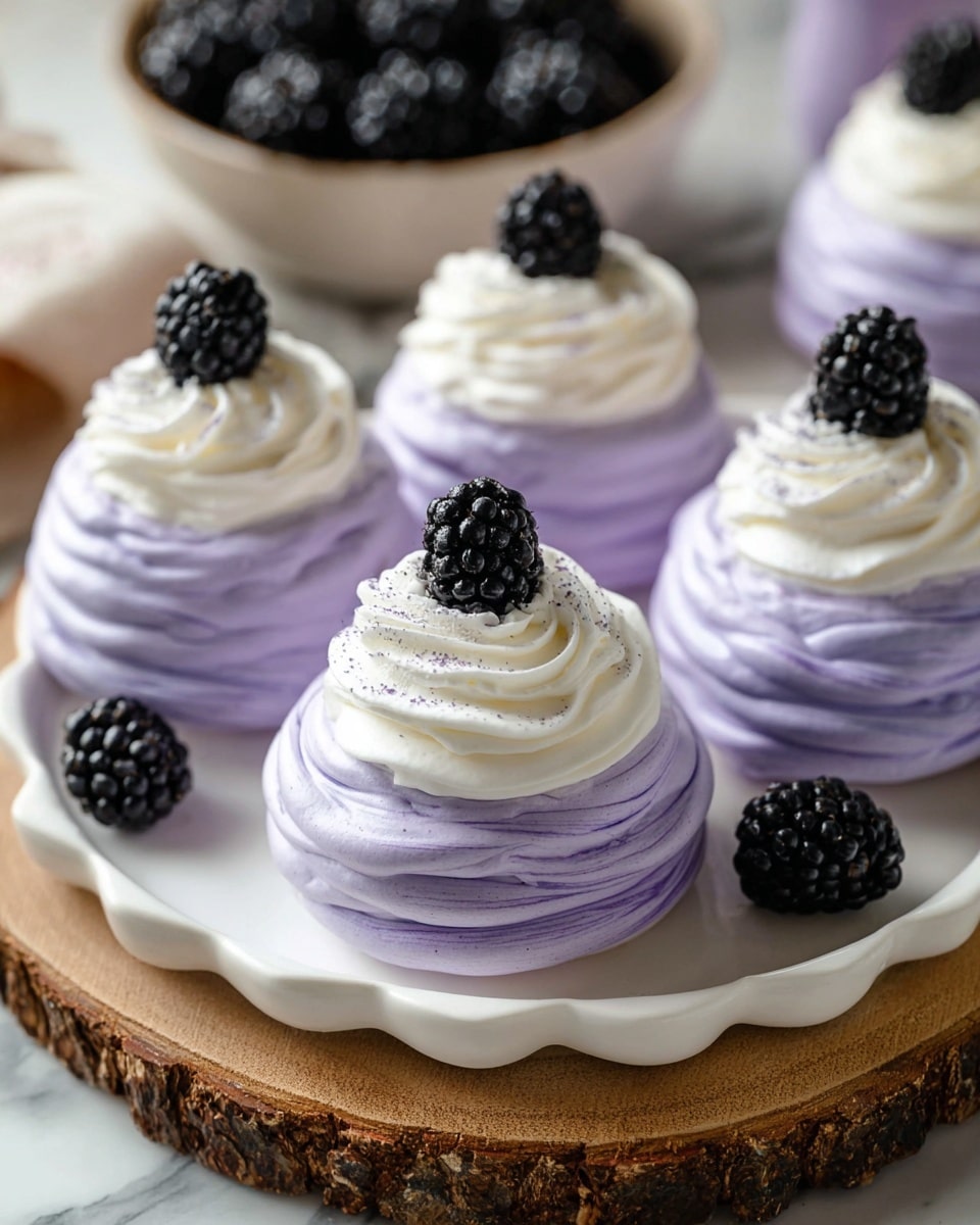 The image shows five small purple meringue nests with two layers: the base layer is a light purple swirled meringue with a smooth, airy texture, and the top layer is a white whipped cream rosette that sits in the center of each nest. Each rosette is topped with one or two shiny black blackberries. The meringues are placed on a white scalloped-edged plate resting on a round wooden slab, all on a white marbled surface. In the background, there is a bowl filled with more blackberries. Photo taken with an iphone --ar 4:5 --v 7