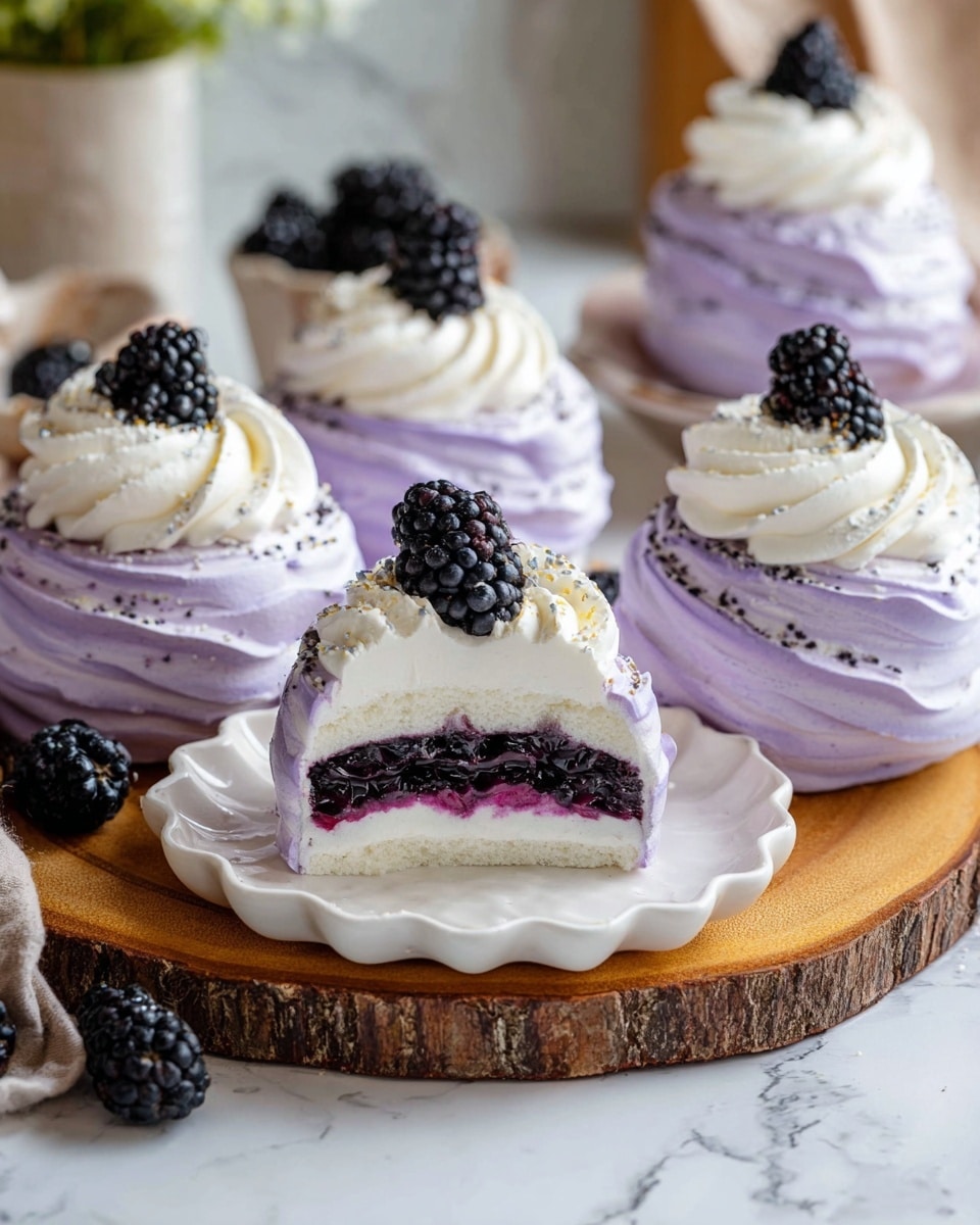 The image shows five round pavlova nests with a light purple color and swirled texture as the base layer. Each nest has a second layer of white whipped cream shaped in a swirl on top, crowned with a single glossy black blackberry. One pavlova is cut in half at the center of a white scalloped plate resting on a wooden round board, revealing three layers inside: a white meringue shell, a deep purple-black blackberry jam filling in the middle, and a thick layer of white whipped cream topping it, finished with a blackberry on top. The setup is on a white marbled surface with soft natural light. Photo taken with an iphone --ar 4:5 --v 7