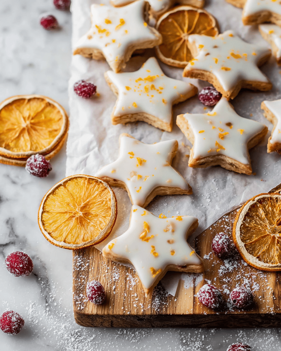 The image shows many star-shaped cookies covered with a smooth white icing that has small pieces of orange zest scattered on top, the cookies have a slightly golden edge visible beneath the icing. They are arranged on white parchment paper placed on a wooden board. Around the cookies, there are dried orange slices with a textured, slightly browned surface, and some small red cranberries with a frosted look are scattered around. The whole setup rests on a white marbled surface with some powdered sugar dusted lightly over the board and parchment paper. photo taken with an iphone --ar 4:5 --v 7