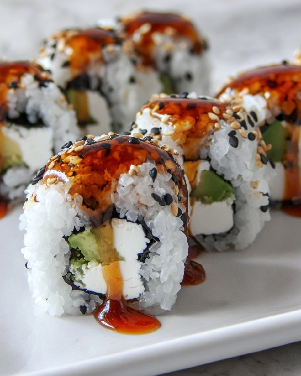 A white plate holds a row of eight sushi rolls with a crispy light golden-brown fried outer layer. Inside, there is sticky white rice surrounding pieces of orange fish, bright green cucumber, and white cream cheese. A shiny amber sauce is being poured over the closest sushi roll from a spoon above, creating a glossy drip down the side and a small pool on the plate. The background is a white marbled texture. photo taken with an iphone --ar 4:5 --v 7