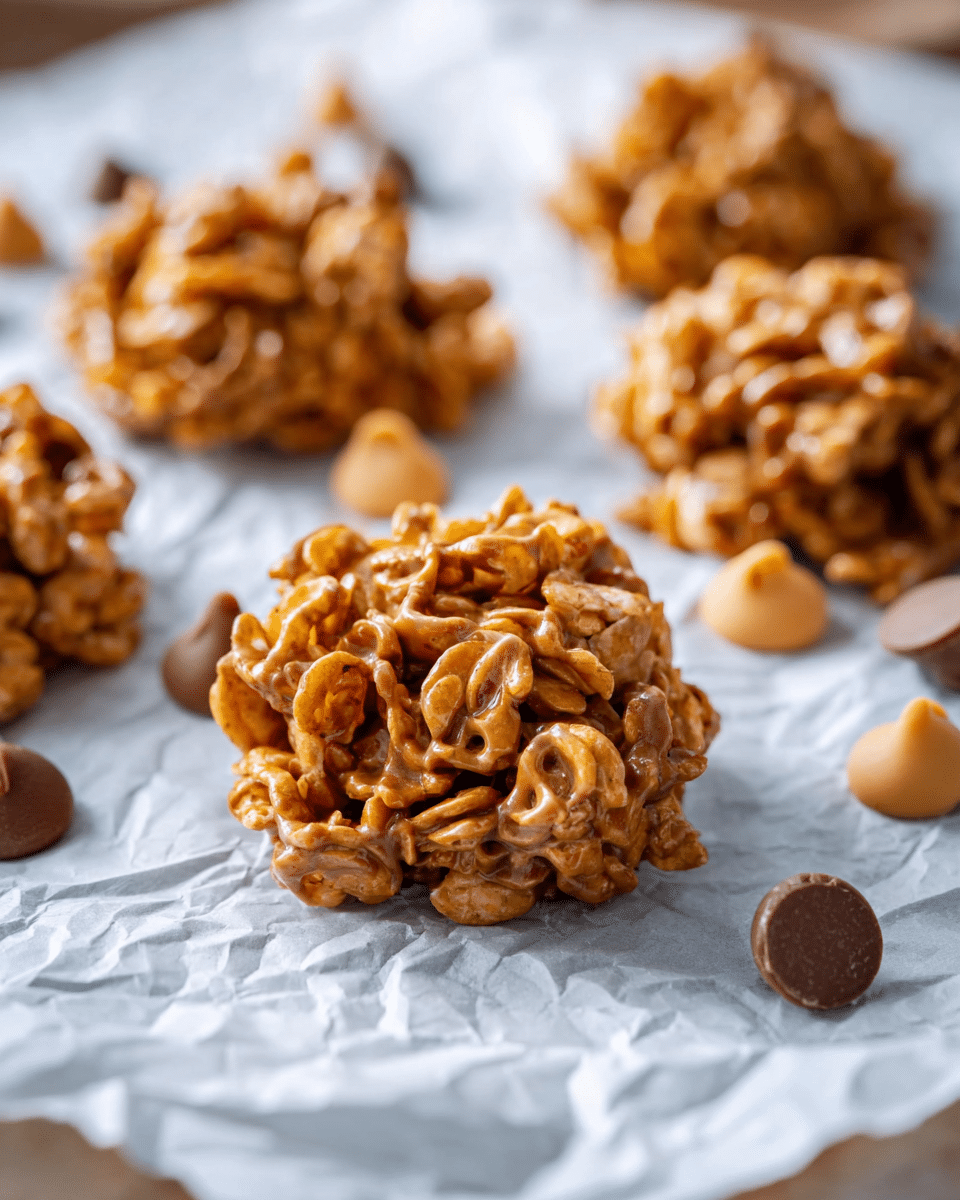 The image shows several rough, round clusters of golden brown cereal mixed with chocolate, placed on crumpled white paper that is on a white marbled surface. Each cluster looks textured with many small, curved cereal pieces bound together by a glossy chocolate coating, giving them a shiny but uneven surface. Scattered around the clusters are a few loose round chocolate and peanut butter chips in light and dark brown shades. The focus is sharp on the closest cluster and softens gradually to the background, enhancing the depth of field. photo taken with an iphone --ar 4:5 --v 7