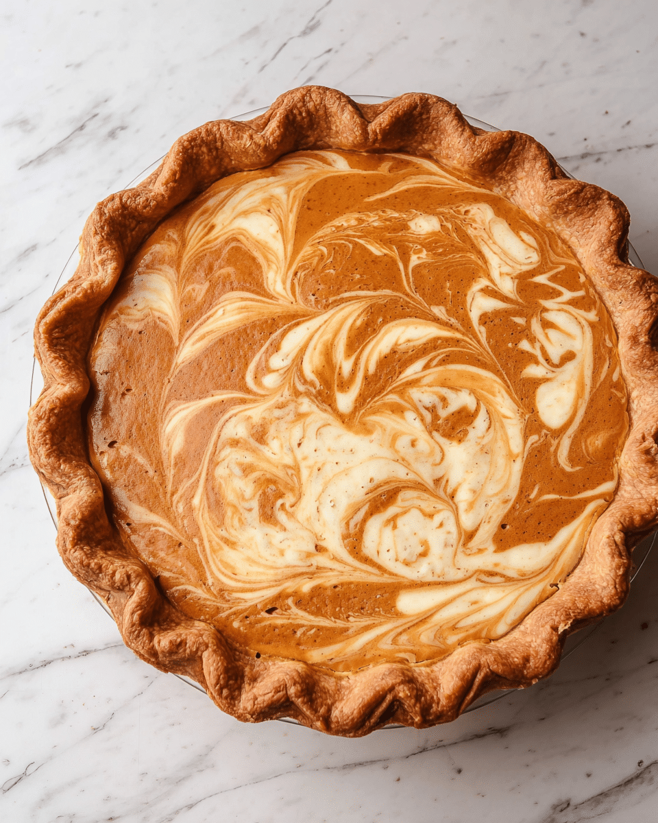 A freshly baked pie with a golden brown, thick crust that has a wavy edge around the top. Inside the crust, the filling shows a swirled pattern of two colors: a light creamy beige and a rich caramel brown, blending smoothly with soft, curving lines. The pie sits on a white marbled surface, and the filling looks slightly bubbly with a smooth texture. The photo captures the top view of the whole pie in a glass dish. photo taken with an iphone --ar 4:5 --v 7