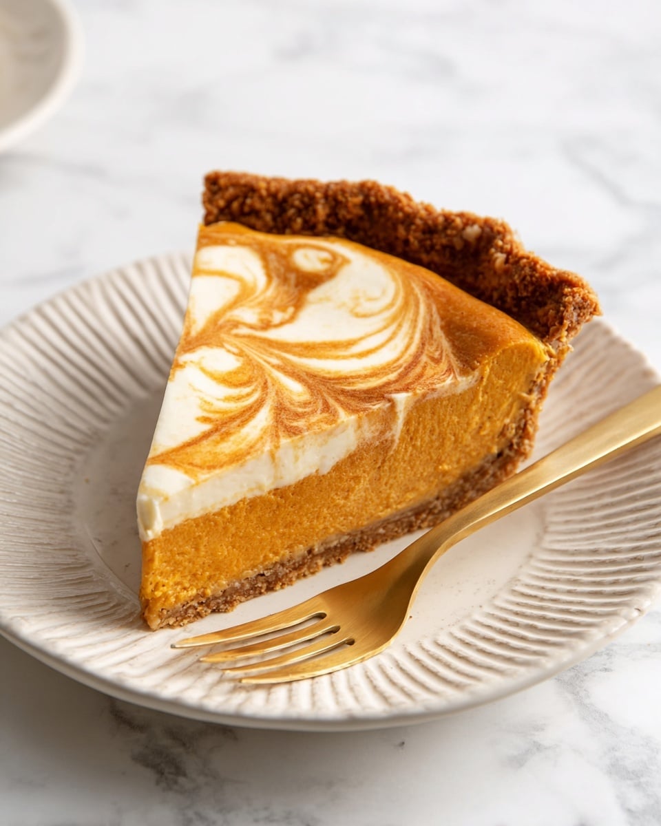 A single slice of pie sits on a white plate with a ridged edge, showing three main layers: a thick, slightly crumbly brown crust with a rough texture on the outer edge, a smooth and creamy orange pumpkin filling in the middle, and a light cream swirl with a marbled pattern on top blending into the orange layer. A shiny gold fork rests beside the pie slice on the plate, all placed on a white marbled surface. photo taken with an iphone --ar 4:5 --v 7