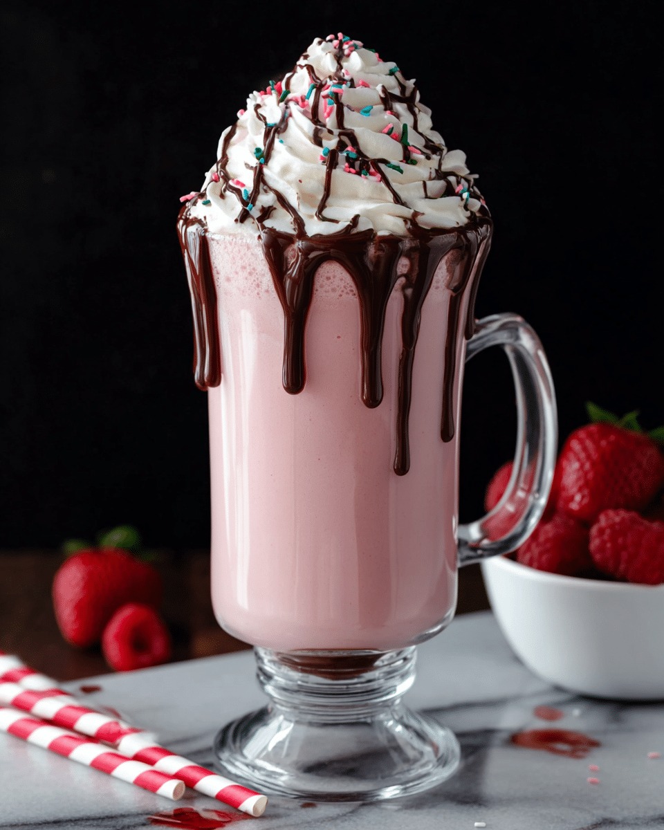 A tall clear glass mug holds a thick, creamy pink drink filling about four layers in height, topped with a large swirl of white whipped cream on top. Dark brown chocolate syrup is drizzled over the whipped cream, with several multicolored small sprinkles scattered around. A drip of chocolate syrup runs down the side of the mug. The mug stands on a white marbled surface next to a white bowl filled with bright red raspberries and strawberries. Nearby are two red and white striped paper straws and a few scattered red crumbs. The background is black, making the colors of the drink and fruit stand out. Photo taken with an iphone --ar 4:5 --v 7