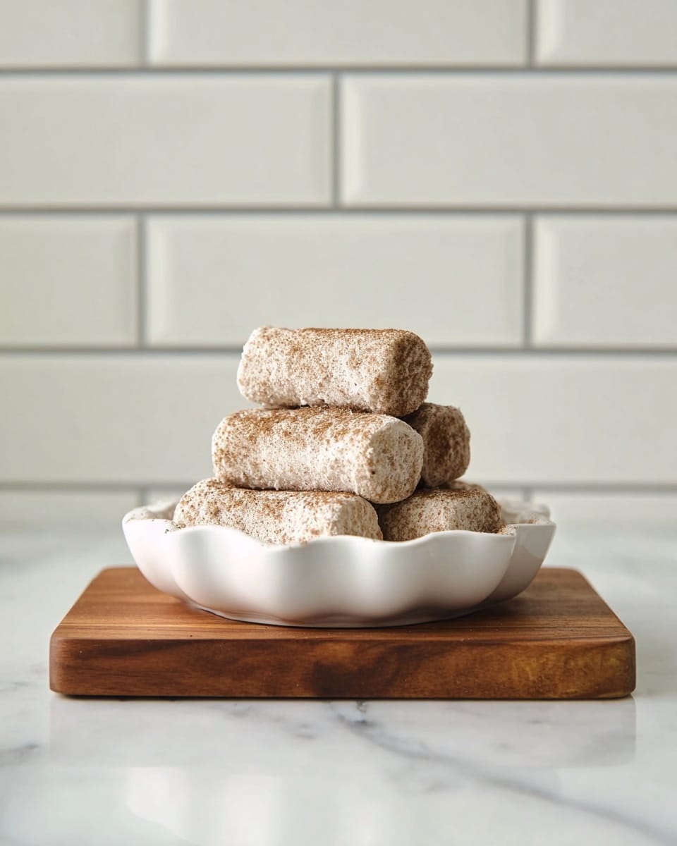 A white scalloped-edged bowl sits on a wooden board atop a white marbled surface. Inside the bowl, there is a pyramid stack of ten cylindrical dessert pieces, each covered in a light brown powder, giving them a slightly textured look. The dessert pieces are light cream-colored underneath the powder and appear soft and dense. The background features large white subway tiles with gray grout, creating a clean and simple setting. photo taken with an iphone --ar 4:5 --v 7