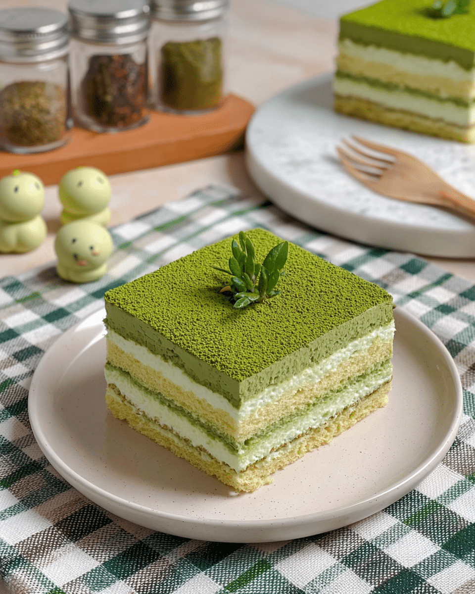 A square-shaped layered dessert is placed on a white plate with a smooth texture. The dessert has four layers consisting of light green creamy frosting alternating with light sponge cake soaked in green tea. The top layer is covered evenly with bright green matcha powder and is decorated with a small sprig of green leaves in the center. In the background, faintly visible is another identical dessert piece on a white plate, a wooden cutting board with small glass jars of spices, and two small pale green, round-faced figurines on a white marbled surface. The whole scene rests on a checkered cloth with green, white, and gray stripes. photo taken with an iphone --ar 4:5 --v 7