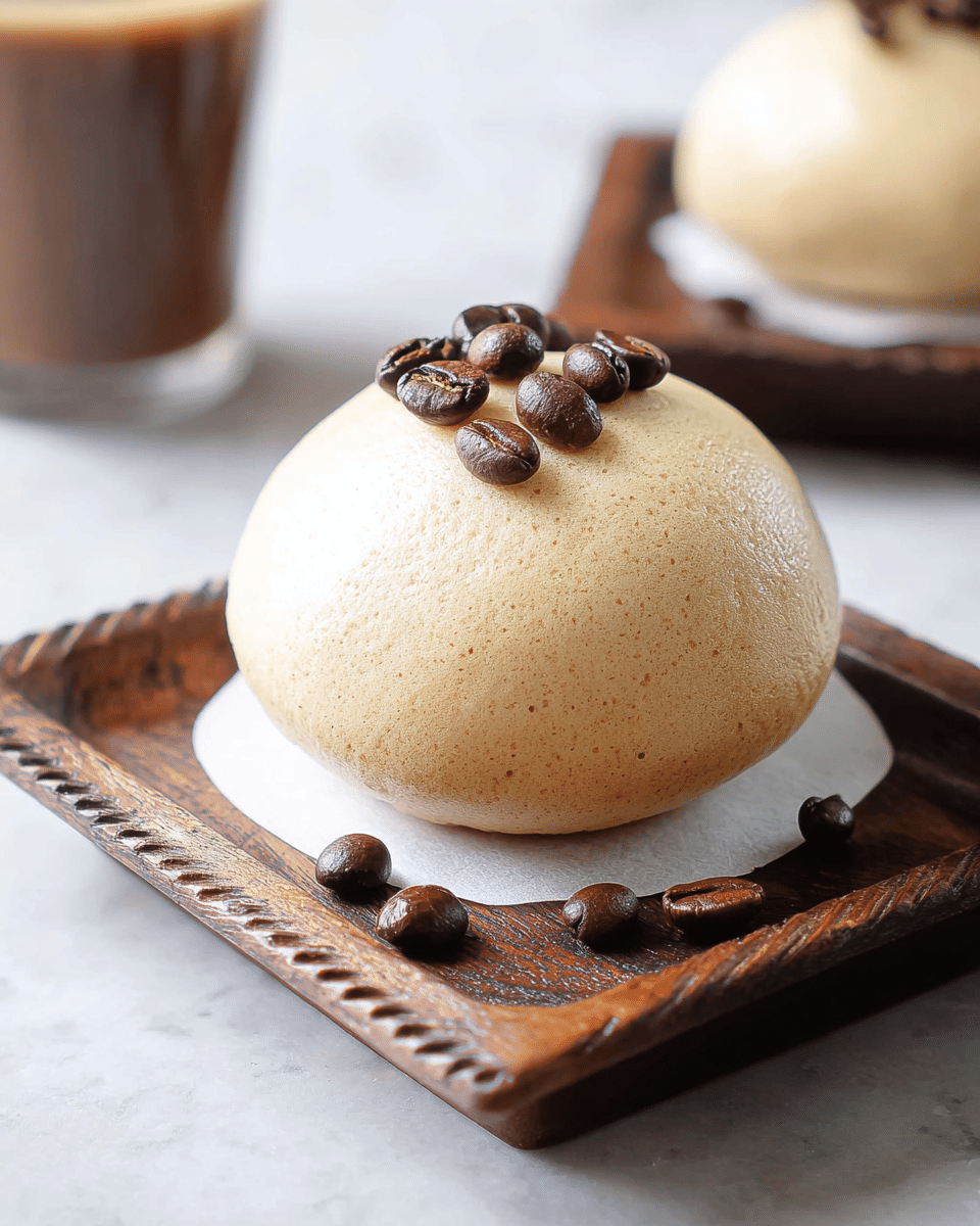 A soft, light brown round bun sits centered on a white square paper liner, placed on a rustic dark wooden square plate with carved edges. On top of the bun, there are several small dark brown shiny coffee beans, with a few more scattered around the base on the wooden plate. The background is a smooth white marbled surface, giving a clean contrast to the warm colors of the bun and plate. Another similar bun and plate are slightly blurred in the background to the top right. photo taken with an iphone --ar 4:5 --v 7