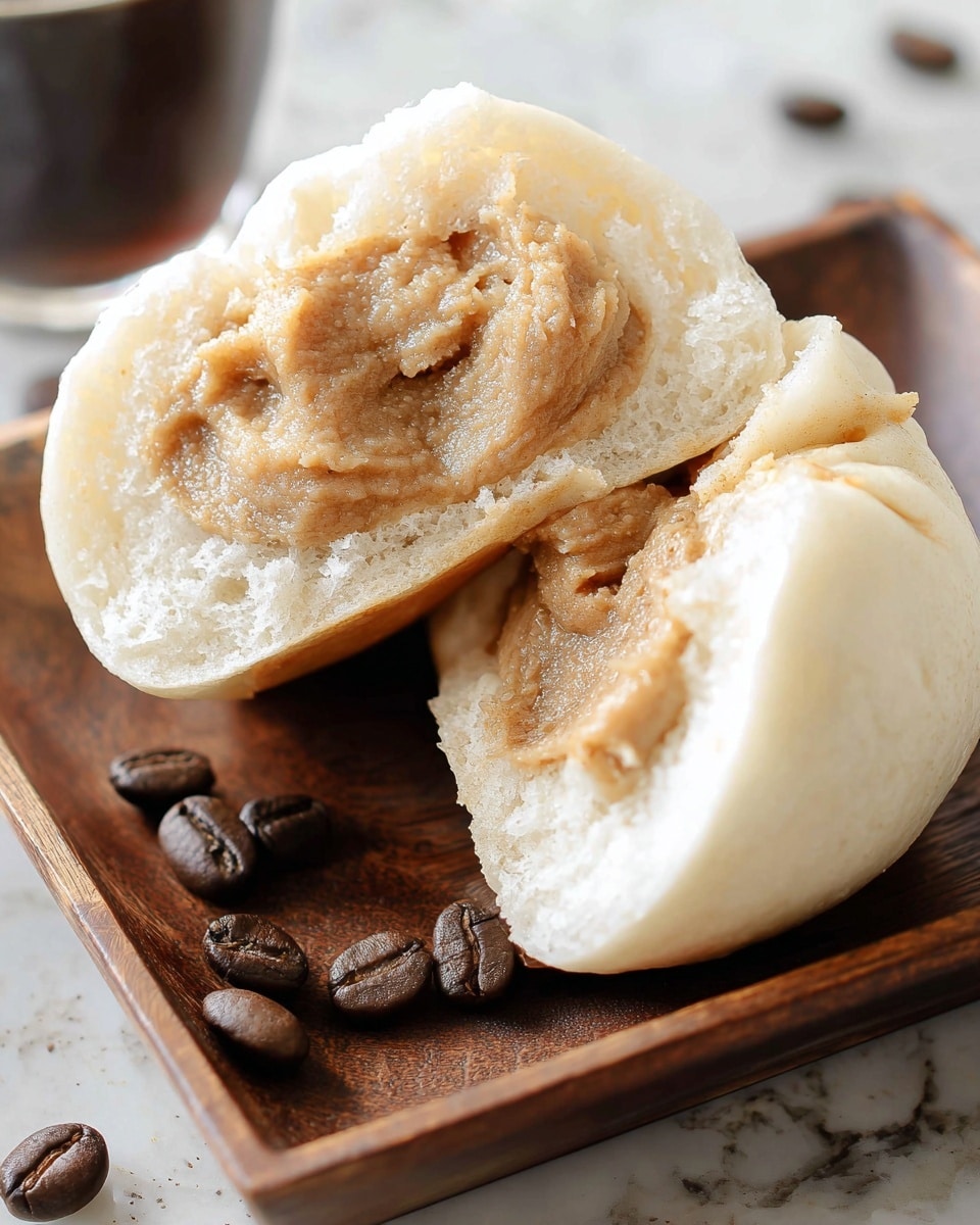 A close-up of a steamed bun split open to show its filling, which is smooth and thick with a light brown color, almost a caramel shade. The bun’s outer layer is soft and fluffy with a pale beige tone. The bun sits on a dark wooden square tray with a few scattered dark brown coffee beans around it. The background is a white marbled texture. photo taken with an iphone --ar 4:5 --v 7