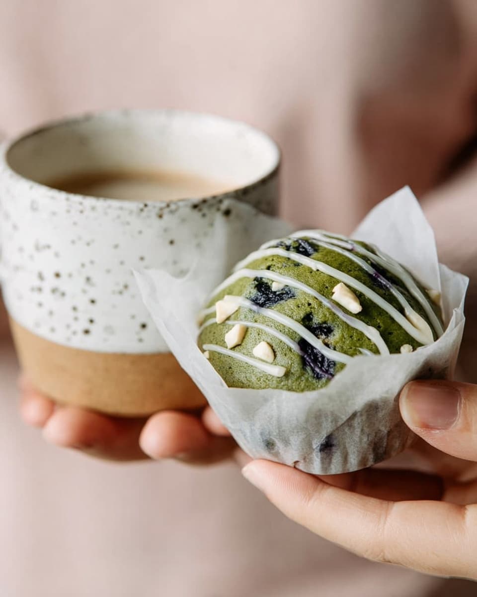 A close-up view of a hand holding a green muffin wrapped in white parchment paper. The muffin has a smooth green top with dark spots of blueberries and small white chunks, drizzled with white icing in a zigzag pattern. In the blurred background, a speckled white cup with a tan base is held by another hand, set against a soft beige backdrop. photo taken with an iphone --ar 4:5 --v 7