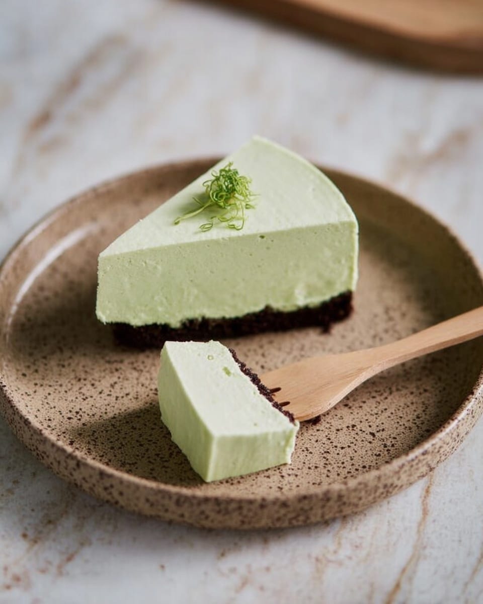 A slice of light green mousse cake is placed on a speckled brown plate set on a white marbled texture. The cake has two layers: a thick, smooth light green mousse layer on top and a thin dark brown crumbly base at the bottom. On top of the mousse cake is a small green garnish. In front of the slice, a piece of mousse is cut and resting on a small wooden fork lying on the plate. photo taken with an iphone --ar 4:5 --v 7