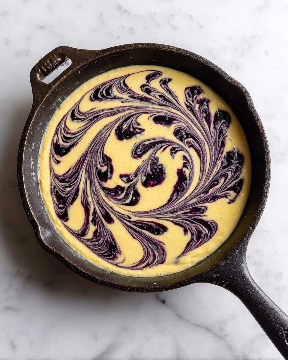A black cast iron skillet filled with a smooth, light yellow batter swirled with dark purple, almost black, blueberry sauce creating a spiral marble pattern across the surface. The swirl design is intricate with fine lines and curves, evenly spread from the center to the edges of the batter. The skillet sits on a white marbled surface. photo taken with an iphone --ar 4:5 --v 7