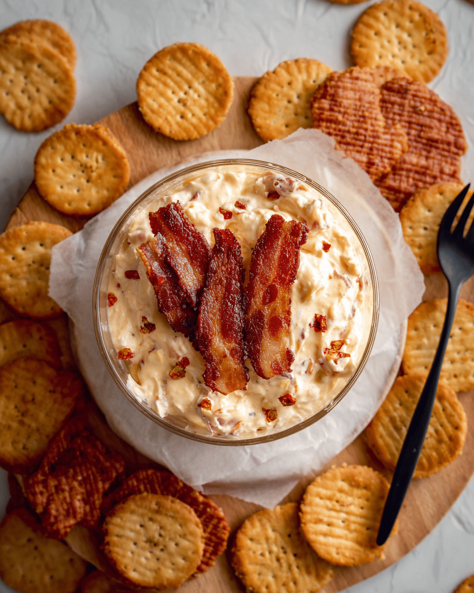 A round clear glass bowl filled with creamy, slightly chunky cheese dip mixed with small red pepper bits, topped with three crispy brown bacon strips placed in the center. The bowl sits on a round white plate lined with white parchment paper, surrounded by two types of crackers: light beige round crackers and darker, reddish-brown oval crackers with a textured surface. More of the darker crackers are scattered around the white marbled textured surface, along with a black small fork and a black spoon, both placed near the bowl. photo taken with an iphone --ar 4:5 --v 7