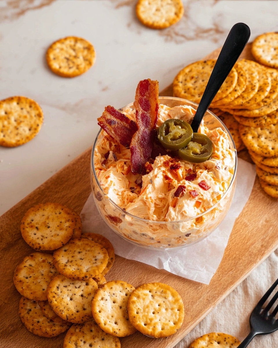 A clear glass bowl filled with a creamy, light orange cheese spread mixed with small pieces of red and white, topped with two pieces of crispy bacon and two slices of green jalapeño peppers. The bowl sits on a white paper on a wooden board that holds two types of round crackers: one lighter with herb specks and one darker golden with a rough texture, both arranged in a small stack and scattered around. A black spoon rests inside the bowl, positioned diagonally. The scene is set on a white marbled surface with a few more crackers and a black fork lying nearby. photo taken with an iphone --ar 4:5 --v 7