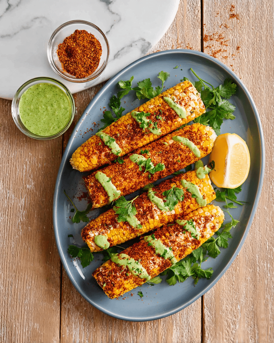 Four grilled corn on the cobs are arranged diagonally on a large white oval plate. Each cob is covered with a layer of reddish-brown seasoning and topped with drizzles of green sauce. Fresh green parsley leaves are placed beneath and around the corn, with a halved lemon resting near the top right side of the plate. To the top left of the plate, two small glass bowls hold more green sauce and reddish-brown seasoning. The plate sits on a wooden surface with a white marbled texture. photo taken with an iphone --ar 4:5 --v 7