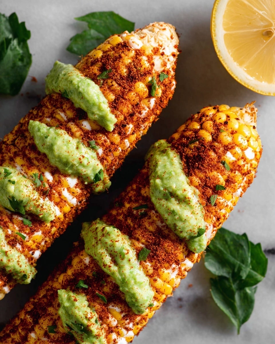 The image shows three ears of corn lying close together. Each ear is coated with a creamy white layer, sprinkled with a reddish-brown spice, giving a textured, slightly rough look. On top of this, there are small dollops of bright green sauce spread unevenly along the length of the corn. In the top right corner, half a lemon with a pale yellow color is visible, and some dark green herb leaves are placed around the corn. The background is a smooth white marbled texture. Photo taken with an iphone --ar 4:5 --v 7
