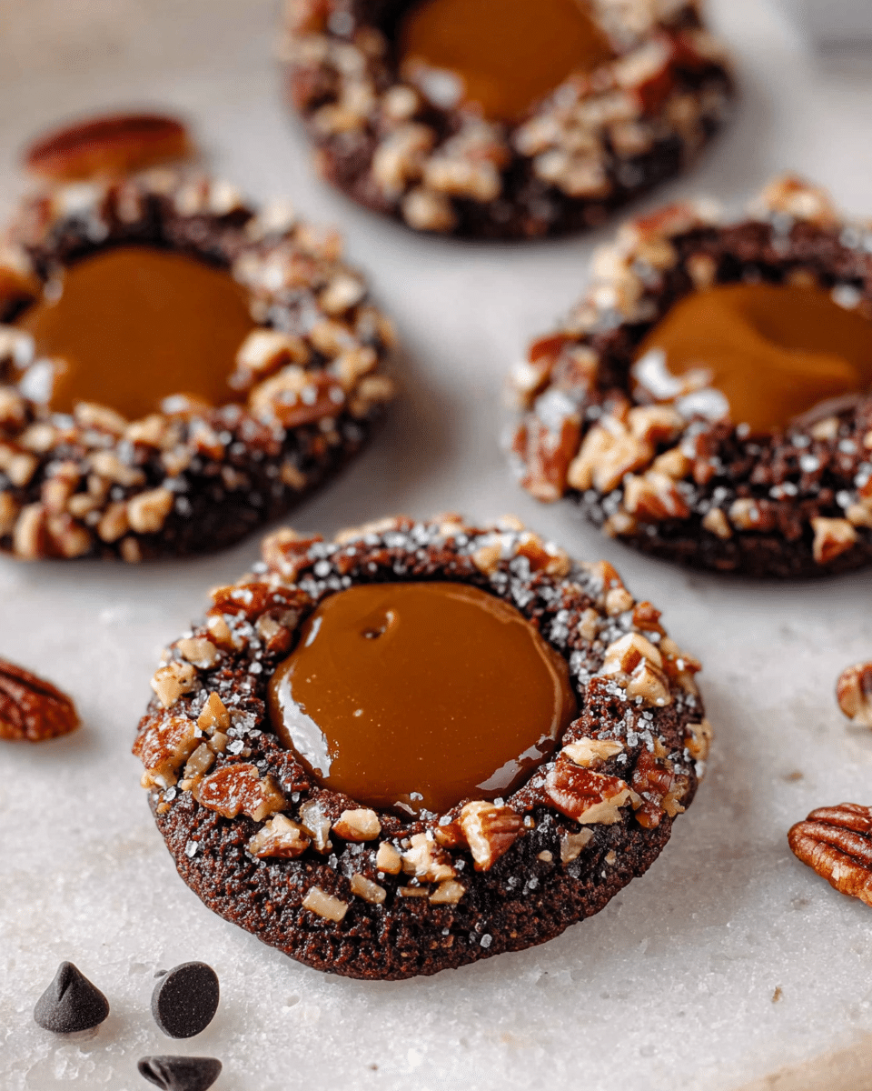 The image shows dark chocolate cookies baked on white parchment paper, each cookie having three clear layers: a dark, rich, rough-textured chocolate base round shape; a ring of chunky light brown pecan nut pieces pressed around the edge; and a glossy, smooth caramel center in a small well in the middle, with a shiny, slightly sticky finish. The cookies are placed close together with a few dark chocolate chips scattered around. The background surface features a white marbled texture partially visible at the top corner. photo taken with an iphone --ar 4:5 --v 7