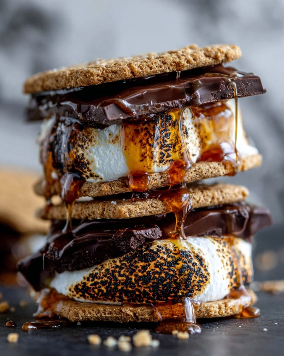 A close-up image of a double-layer s'mores stack, each layer containing a golden brown crispy cookie on top and bottom. Between the first cookie layer and the middle cookie, there is a layer of toasted marshmallow with dark charred spots and a thick piece of dark chocolate resting on it, with caramel sauce dripping down the sides. The same composition is seen between the middle and bottom cookies, with marshmallow stretching out slightly, covered with caramel drips that shine in the light. The s'mores stack sits on a dark surface with a blurred background replaced by a white marbled texture. photo taken with an iphone --ar 4:5 --v 7