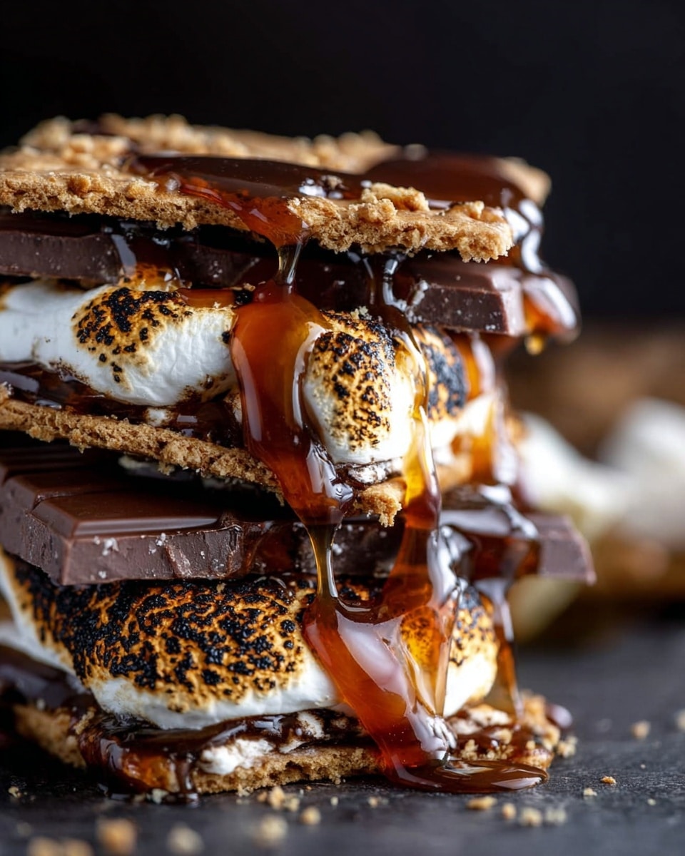 A close-up view shows a tall s'mores stack with three crumbly, golden-brown graham cracker layers. Between the cracker layers are gooey, charred marshmallows with black spots, melting slightly. Two pieces of thick, dark chocolate bars sit on top and between the layers, dripping with shiny caramel sauce that slowly runs down the sides. The background is dark, making the stack the clear focus of the image. photo taken with an iphone --ar 4:5 --v 7