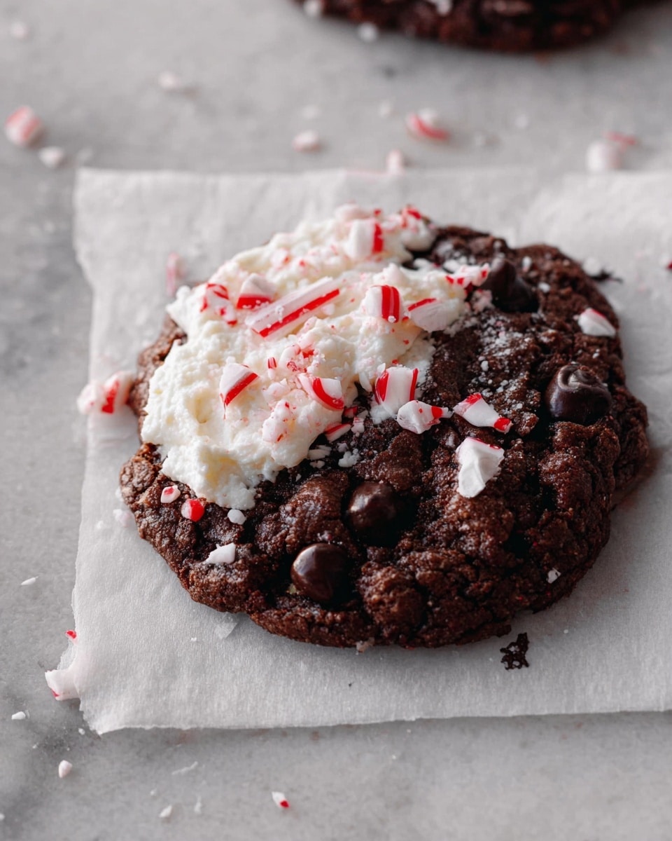 A single chocolate cookie sits on a square piece of white parchment paper over a white marbled texture. The cookie has a rough, slightly cracked surface with dark brown chocolate dough and visible shiny chocolate chips embedded throughout. On top, there is a generous layer of white frosting or cream partially offset to one side, with pieces of red-and-white crushed peppermint candy scattered on it and around the cookie on the paper. The overall look is rich and textured with contrasting colors of dark brown, white, and red. photo taken with an iphone --ar 4:5 --v 7