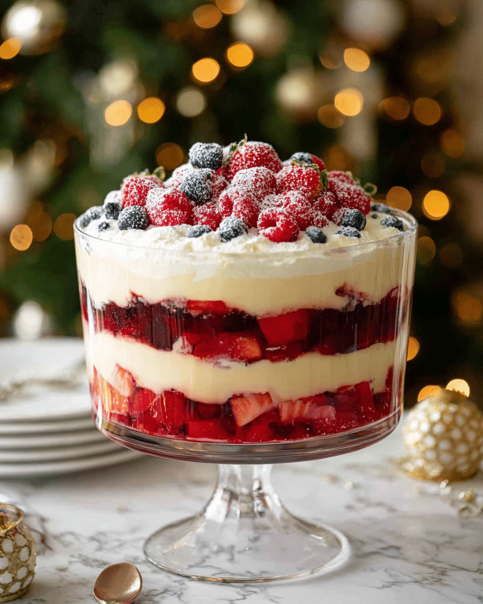 A clear glass trifle bowl shows a layered dessert with four main layers. The bottom layer is bright red fruit pieces, topped by a thick creamy pale yellow layer. Above that is a dark red jelly layer with suspended fruit pieces inside. The top layer is a thick white whipped cream layer covered generously with fresh red raspberries, strawberries cut in pieces, and small blue blueberries, all lightly dusted with powdered sugar. The bowl stands on a white marbled surface with a blurred Christmas tree and gold decorations in the background. photo taken with an iphone --ar 4:5 --v 7