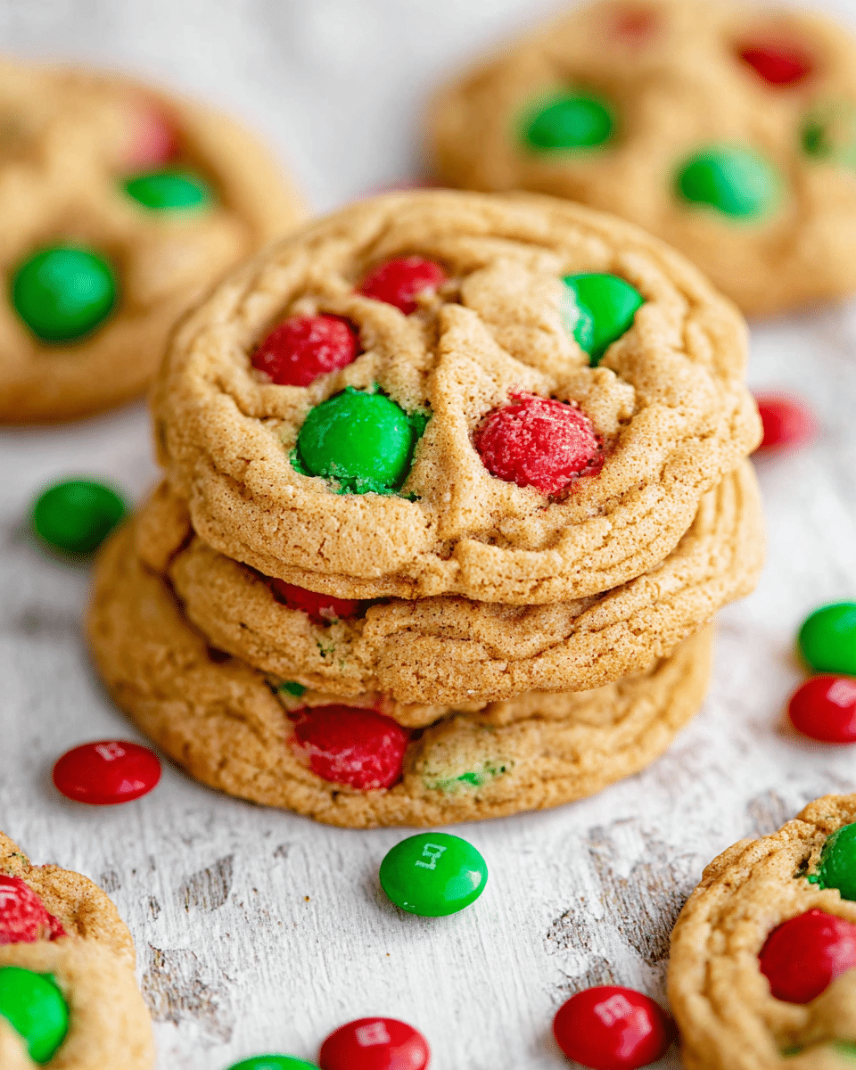 The image shows a stack of soft, golden-brown cookies with a slightly cracked texture on top, each embedded with bright red and green candy pieces. The cookies are resting on a white marbled surface, with additional red and green candy pieces scattered around them, adding a festive look. The cookies have a slightly uneven round shape with a chewy appearance, and the colors of the candies contrast sharply against the warm-toned cookie base. photo taken with an iphone --ar 4:5 --v 7