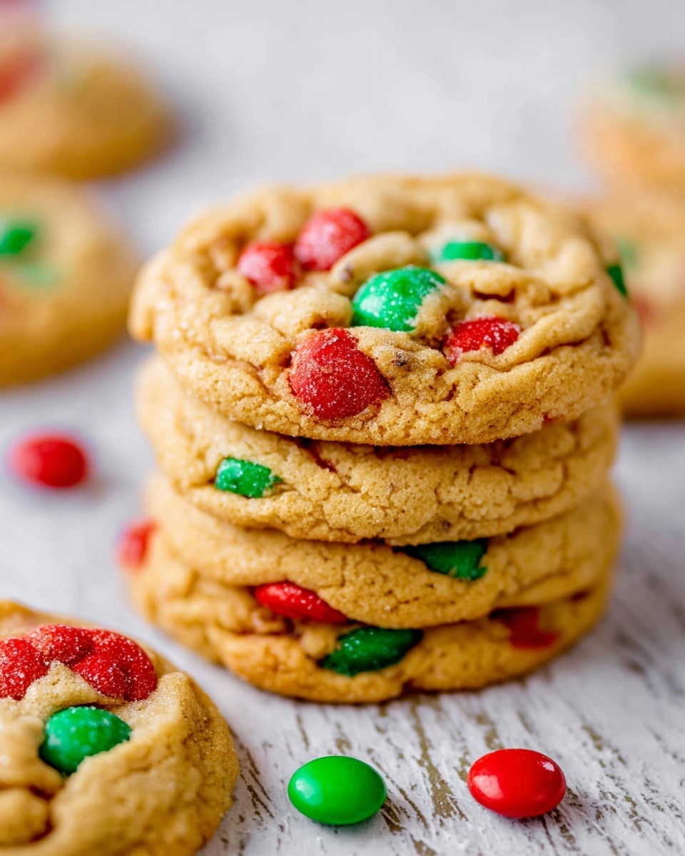 A stack of four soft, golden-brown cookies filled with red and green candy pieces is placed on a white marbled surface. Each cookie shows a slightly cracked, chewy texture with the colorful candies embedded throughout, adding spots of bright red and green. Some individual candy pieces are scattered around the stack and a fifth cookie lays flat in the foreground, showing more of the candy details on its textured surface. The photo is taken close-up with a shallow depth of field, highlighting the cookies against the blurred white marble background. Photo taken with an iphone --ar 4:5 --v 7
