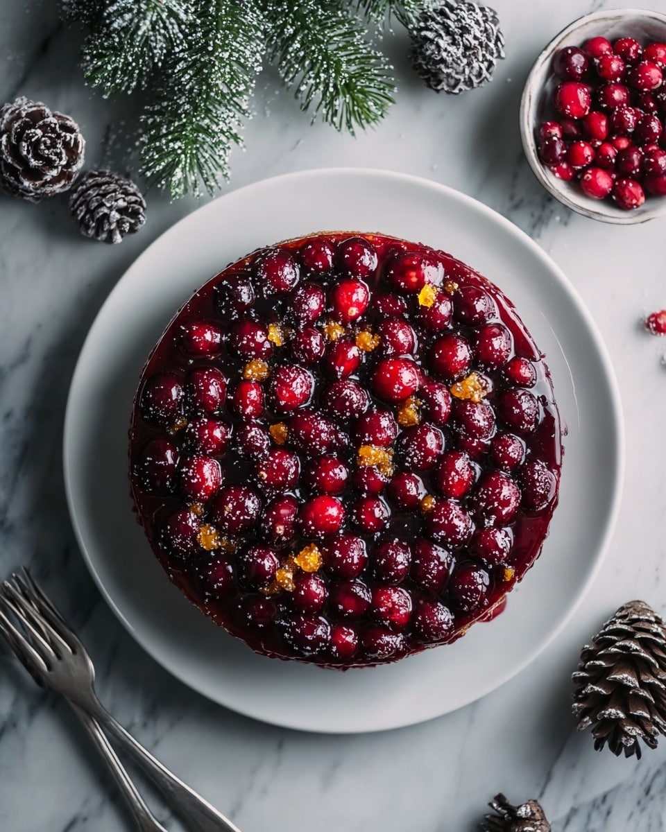The image shows a round cake with a dark red, glossy top layer covered with whole and halved cranberries and small pieces of yellow fruit embedded in the glaze. The cake rests on a simple white plate, with the dark red glossy fruit layer clearly visible. Around the plate are pine cones and green pine branches dusted lightly with powdered sugar, with a metal fork and a small bowl of whole cranberries nearby, all placed on a white marbled textured surface. Photo taken with an iphone --ar 4:5 --v 7