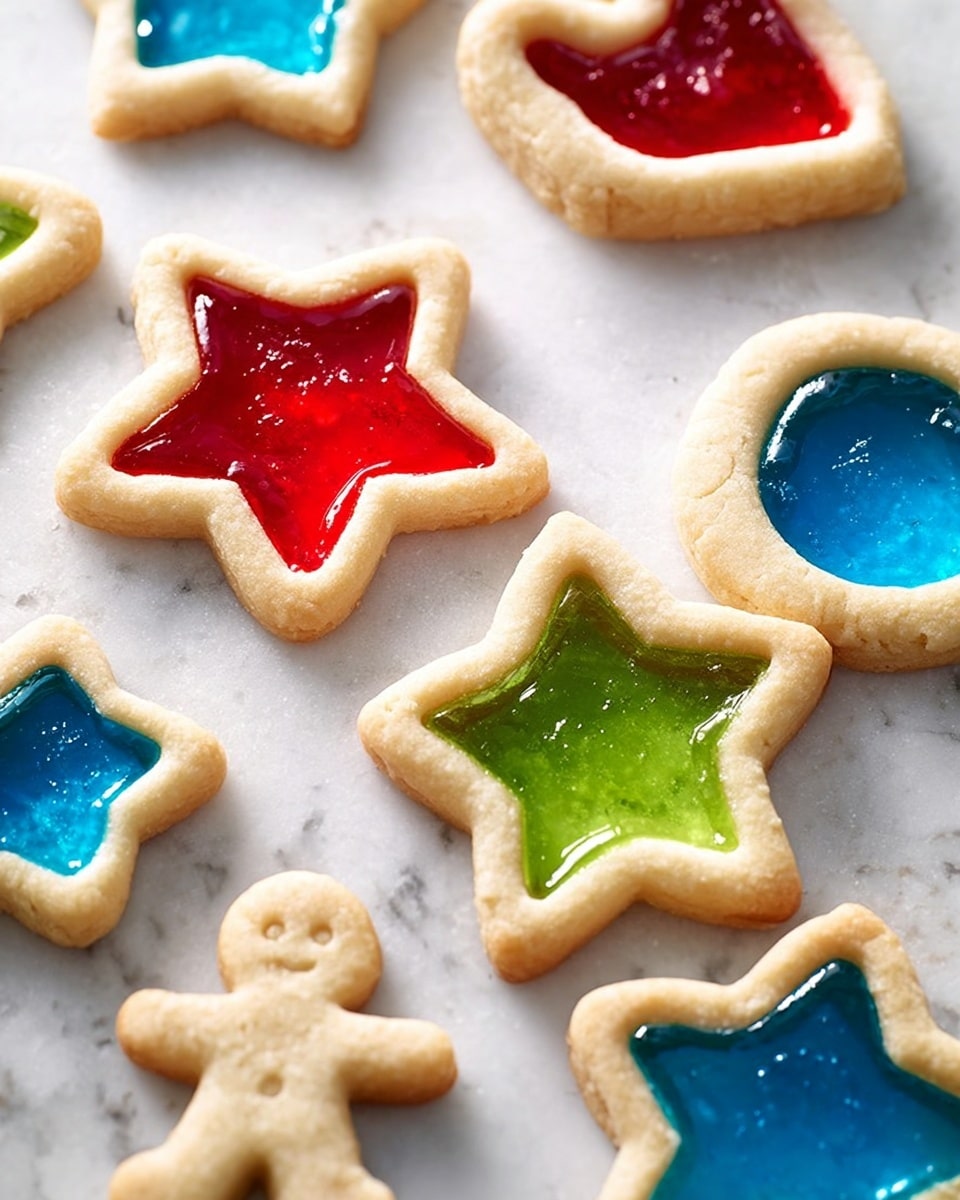 The image shows several stained glass cookies on a white marbled texture, each cookie is made of a thick, light beige dough forming the outer layer with smooth edges. Inside each cookie, a translucent, shiny candy center fills the cut-out shape, creating a colorful glass-like effect. There are star-shaped cookies with red, blue, and green centers, each having a bright and glossy texture. Also visible are a round cookie with a blue center and a gingerbread person shape filled with blue candy. The cookies are spread out casually, showing their soft texture and vibrant candy centers. photo taken with an iphone --ar 4:5 --v 7