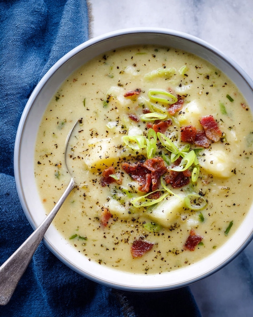 A bowl of thick creamy soup filled with soft chunks of pale yellow potatoes and small green herb pieces, topped with bright green thinly sliced leek strips and scattered crispy reddish-brown bacon bits, all sprinkled with ground black pepper. The soup is served in a white bowl placed on a white marbled surface, and a silver spoon rests inside the bowl. Photo taken with an iphone --ar 4:5 --v 7
