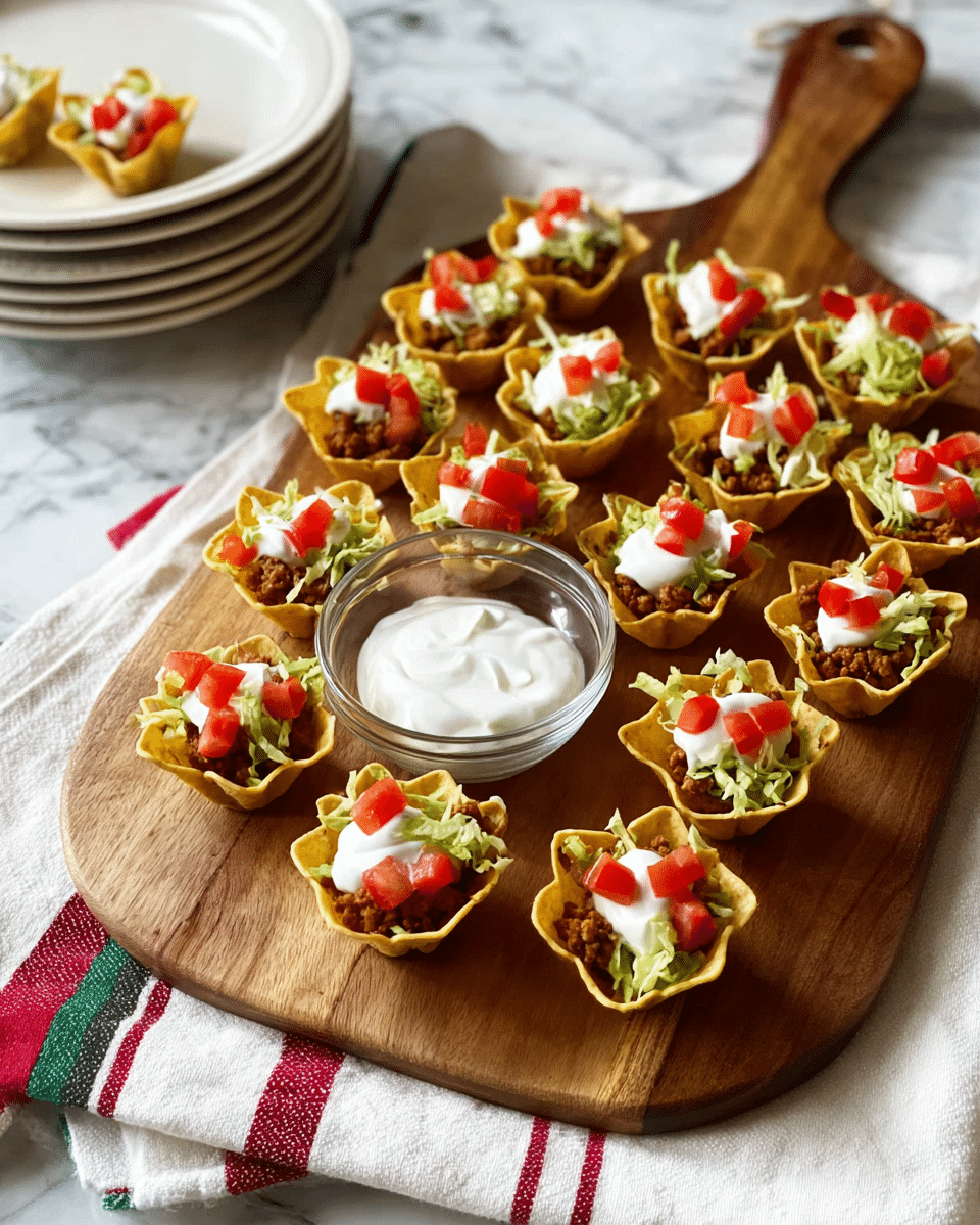 A wooden cutting board holds 16 small white taco shell cups, each filled with three distinct layers: a base layer of brown ground meat, a middle layer of white sour cream dollops, and a top layer made of small pieces of red tomato and green shredded lettuce, giving a colorful contrast. A small clear glass bowl filled with white sour cream sits in the center of the cutting board. In the background, there is a stack of white plates with more of the taco cups on top. The board is placed on a white marbled surface with a white cloth underneath that has red and green stripes. photo taken with an iphone --ar 4:5 --v 7