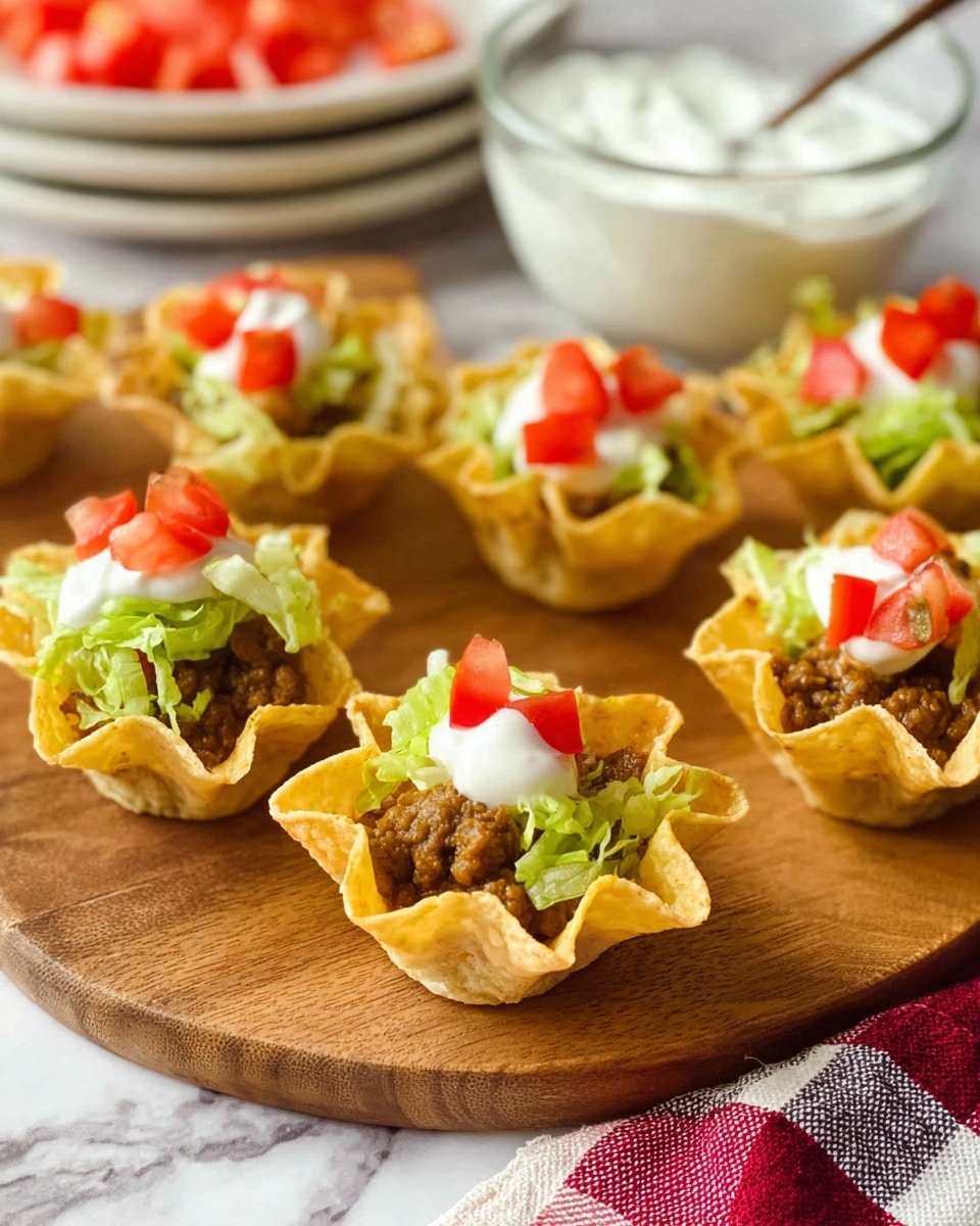 Small tortilla cups with three layers sit scattered on a wooden board; the bottom layer is a light yellow crispy tortilla shell shaped like a flower, the middle layer is a brown seasoned meat filling, topped with a small white dollop of sour cream, bright green shredded lettuce, and small chunks of red tomato. A glass bowl with white sour cream and a stack of white plates are visible in the background, all placed on a white marbled surface with a red and gray checkered cloth nearby. photo taken with an iphone --ar 4:5 --v 7