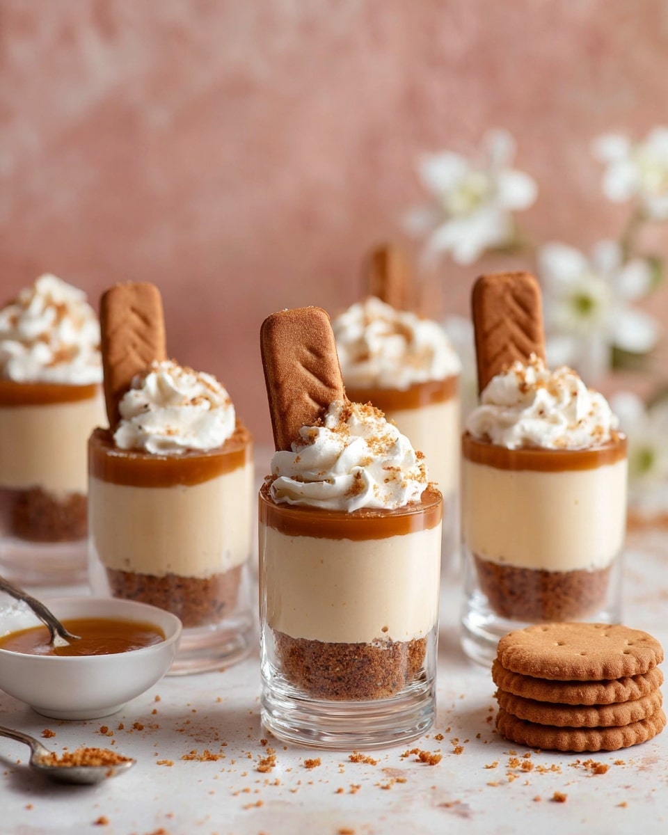 The image shows five small dessert cups placed on a white marbled surface with a blurred white background. Each dessert has three layers: a bottom brown crumbly base, a thick middle cream-colored mousse layer, and a top shiny caramel layer. On top of the caramel is a swirl of white whipped cream sprinkled with brown crumbs. Each cup is decorated with a rectangular brown biscuit featuring a distinct pattern, placed upright in the whipped cream. In the foreground, there is a white bowl with caramel sauce and a gold spoon resting inside, along with two extra rectangular brown biscuits on the surface. Photo taken with an iphone --ar 4:5 --v 7