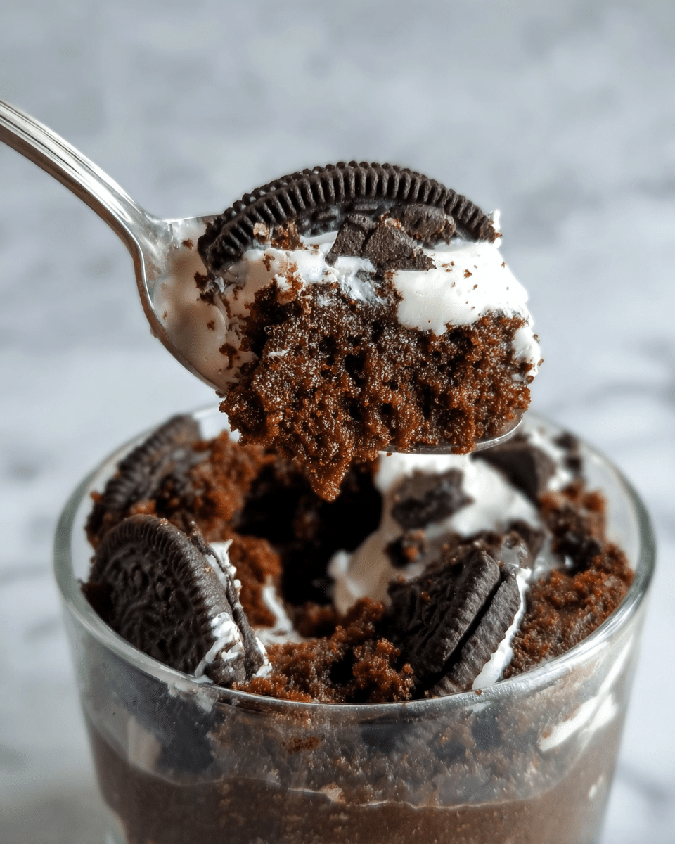 A clear glass mug sits on a white marbled surface, filled with a dark chocolate cake layer topped with broken pieces of chocolate sandwich cookie, showing the Oreo's dark brown cookie and white cream layers scattered on top and some around the base of the mug. The cake texture inside the mug looks soft and moist, contrasting with the crunchy cookie bits. A white textured cloth is faintly visible in the blurred background. photo taken with an iphone --ar 4:5 --v 7