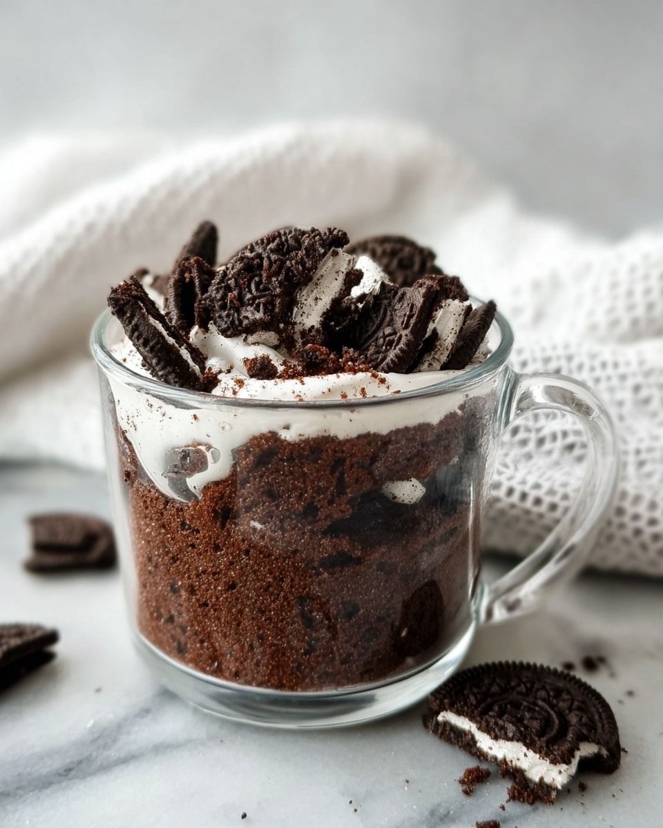 A close-up view of a glass cup filled with a layered dessert featuring dark brown, moist cake mixed with broken pieces of chocolate sandwich cookies with white cream filling. The top layer consists of cookie chunks scattered on the cake’s surface. A spoon is lifting a portion showing the soft, crumbly dark brown cake with a cookie piece on top, highlighting the contrast between the dark cookie and white cream inside. The background is a white marbled texture. Photo taken with an iphone --ar 4:5 --v 7