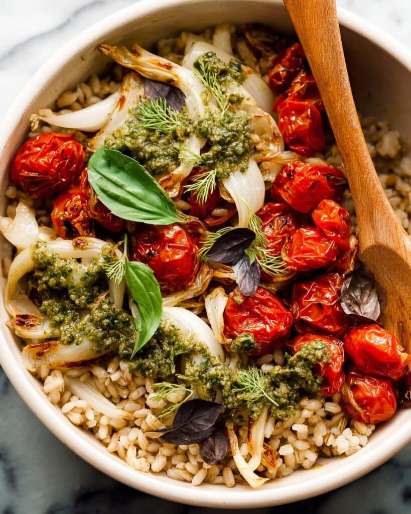 Pesto Orzo with Roasted Cherry Tomatoes, Fennel & White Beans (Vegan) Recipe
