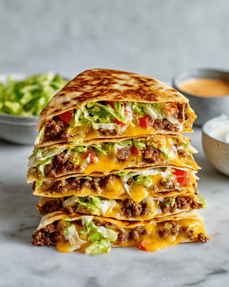 A tall stack of four folded quesadillas is shown on a white marbled surface, each layer containing browned ground beef, melted bright yellow cheddar cheese, shredded light green lettuce, small red tomato pieces, and white creamy sauce, all held together inside a lightly toasted, golden-brown tortilla. The fillings are visible through the cut edges, with some cheese melting and dripping slightly down the sides. In the background, there are small white bowls holding leafy greens and a creamy orange sauce, and a gray bowl with white sauce, all placed on the same white marbled surface. Photo taken with an iphone --ar 4:5 --v 7
