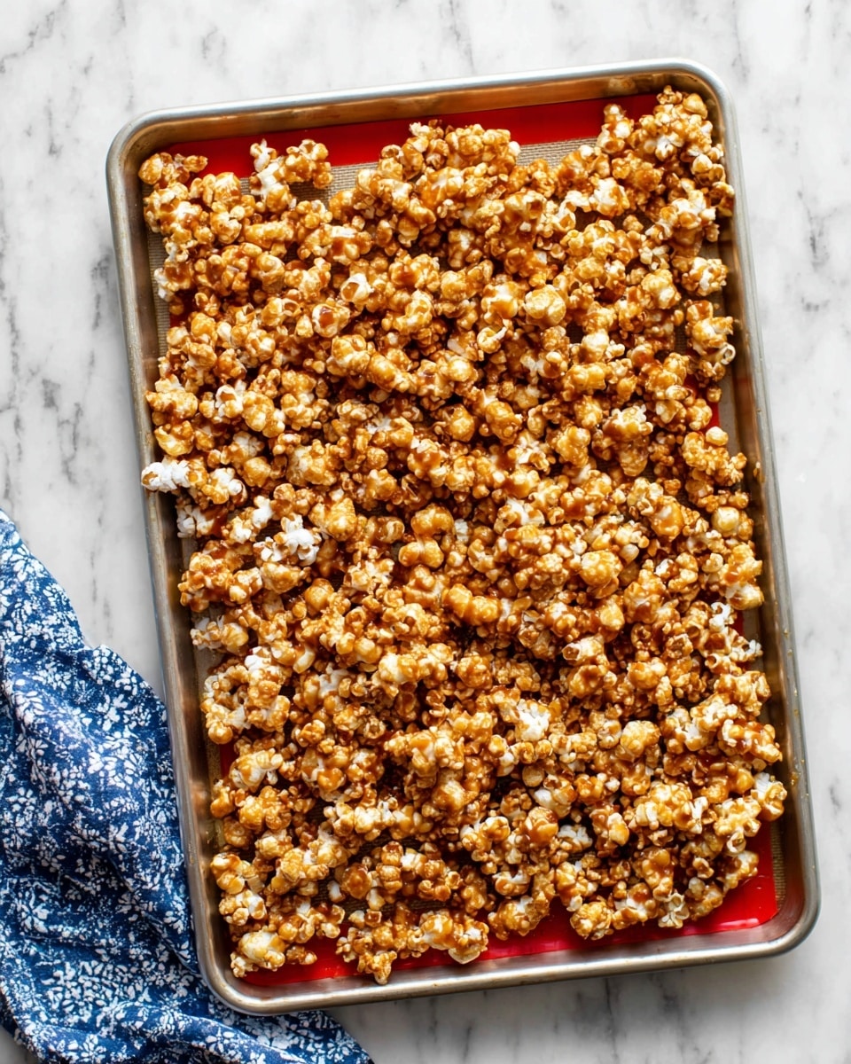 A large silver baking tray filled with one thick layer of caramel popcorn pieces that are golden brown and glossy, spread evenly across a red silicone baking mat. The popcorn clusters vary slightly in size with some showing white pop kernels peeking through the caramel coating. The tray is placed on a white marbled surface with a blue and white patterned cloth partially visible at the bottom left corner. photo taken with an iphone --ar 4:5 --v 7