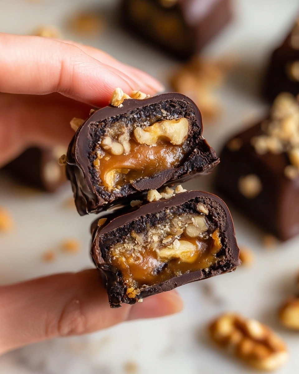 A close-up of a dessert piece held between a woman's thumb and finger, showing two halves. The outside layer is a dark brown, glossy chocolate coating with small chopped nut pieces on top. Inside, there is a thick black rolled layer surrounding a gooey caramel layer filled with walnut chunks. The background is soft and blurred with more chocolate pieces scattered, placed on a white marbled surface. Photo taken with an iphone --ar 4:5 --v 7