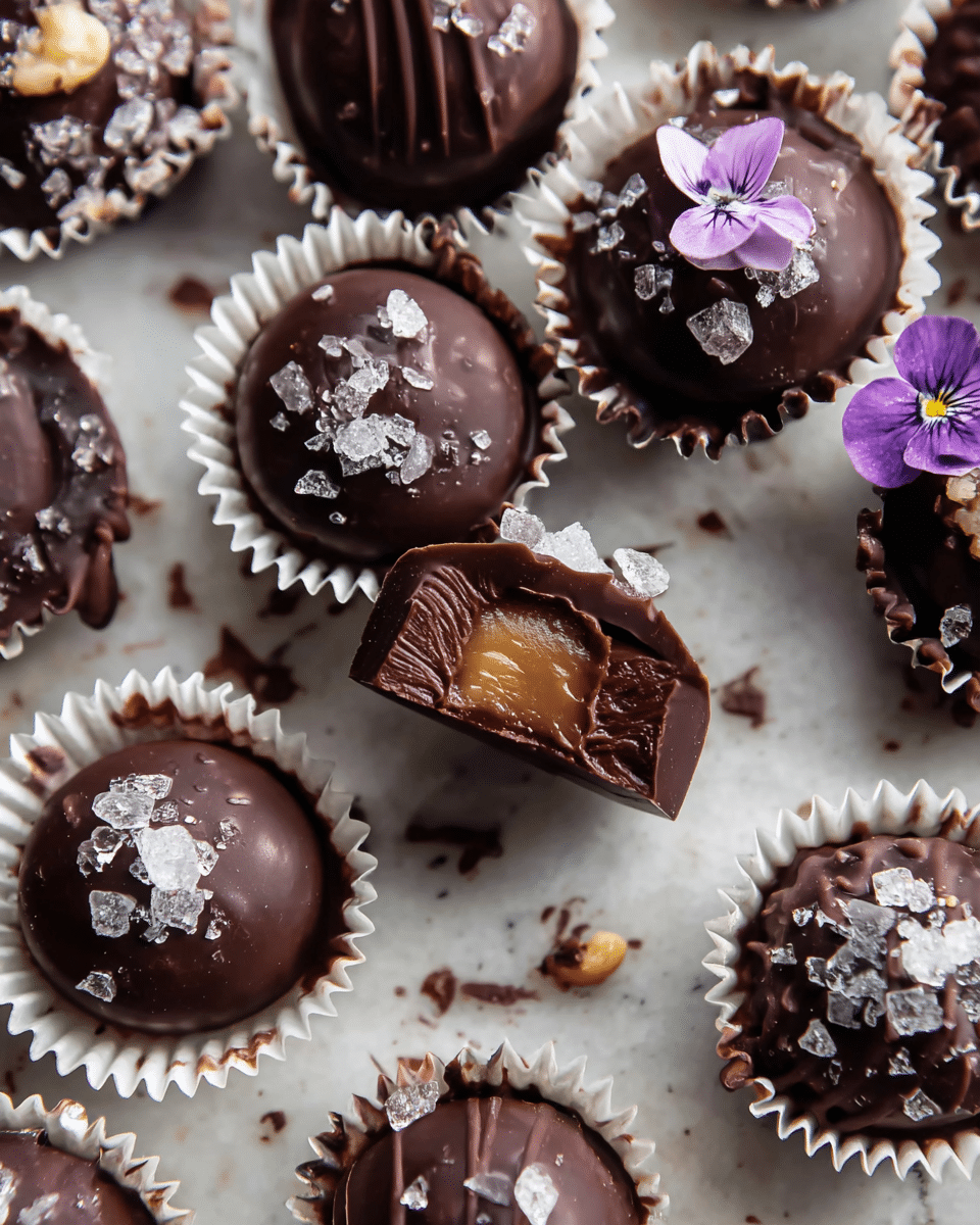 A close-up of small round chocolates in white paper cups on a white marbled surface, each chocolate covered in dark glossy chocolate with rough sea salt flakes on top, some topped with small white and light purple edible flowers, one chocolate is cut open showing a creamy caramel and nut filling inside. The chocolates have different textures on top like smooth, swirled, or drizzled chocolate. Photo taken with an iphone --ar 4:5 --v 7