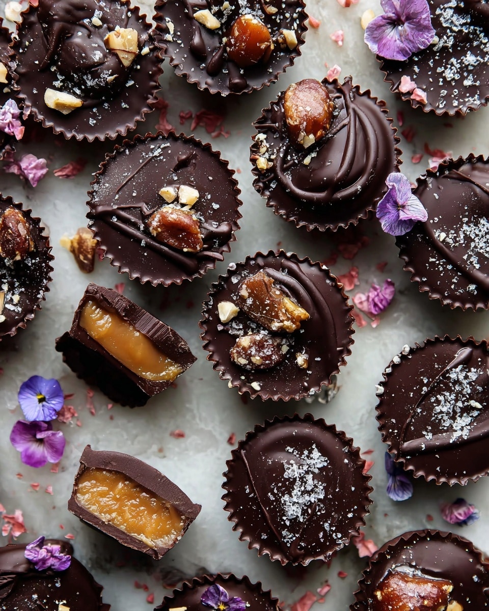 A close-up view of multiple small dark chocolate cups arranged closely on a white marbled surface with some pink tiles visible. Each cup has a smooth shiny dark chocolate outer layer and is filled with various toppings visible on top such as chunks of caramel, nuts, and bits of dried fruit. Some chocolates have a sprinkle of coarse sea salt flakes, while others have a drizzle of dark chocolate on top. One near the bottom left is cut in half showing a thick caramel layer inside. Around the chocolates are small delicate purple and white edible flowers adding a light touch of color. photo taken with an iphone --ar 4:5 --v 7