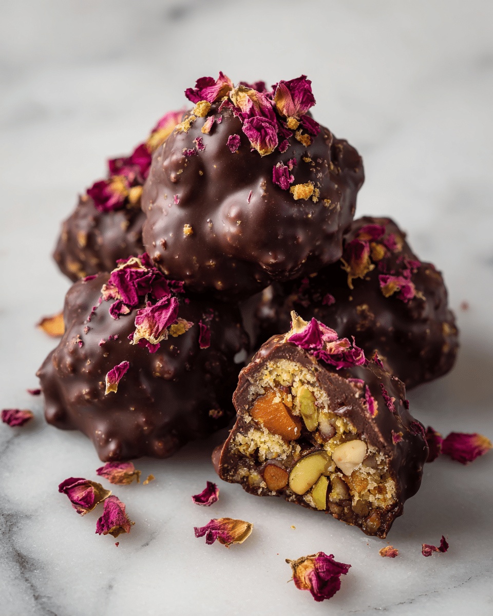 Clusters of dark chocolate coated nuts and seeds form bumpy, rich brown mounds with a glossy finish, scattered across a white marbled surface. Each cluster is topped with small, delicate dried rose petals in shades of deep pink and soft red, adding a vibrant contrast. One cluster is cut in half, revealing layers inside: a dense, glossy chocolate shell encasing whole pistachio nuts in bright green, golden brown almonds, and other nuts, all tightly packed. The irregular shapes of the clusters create natural shadows on the white marbled background, highlighting their texture. photo taken with an iphone --ar 4:5 --v 7