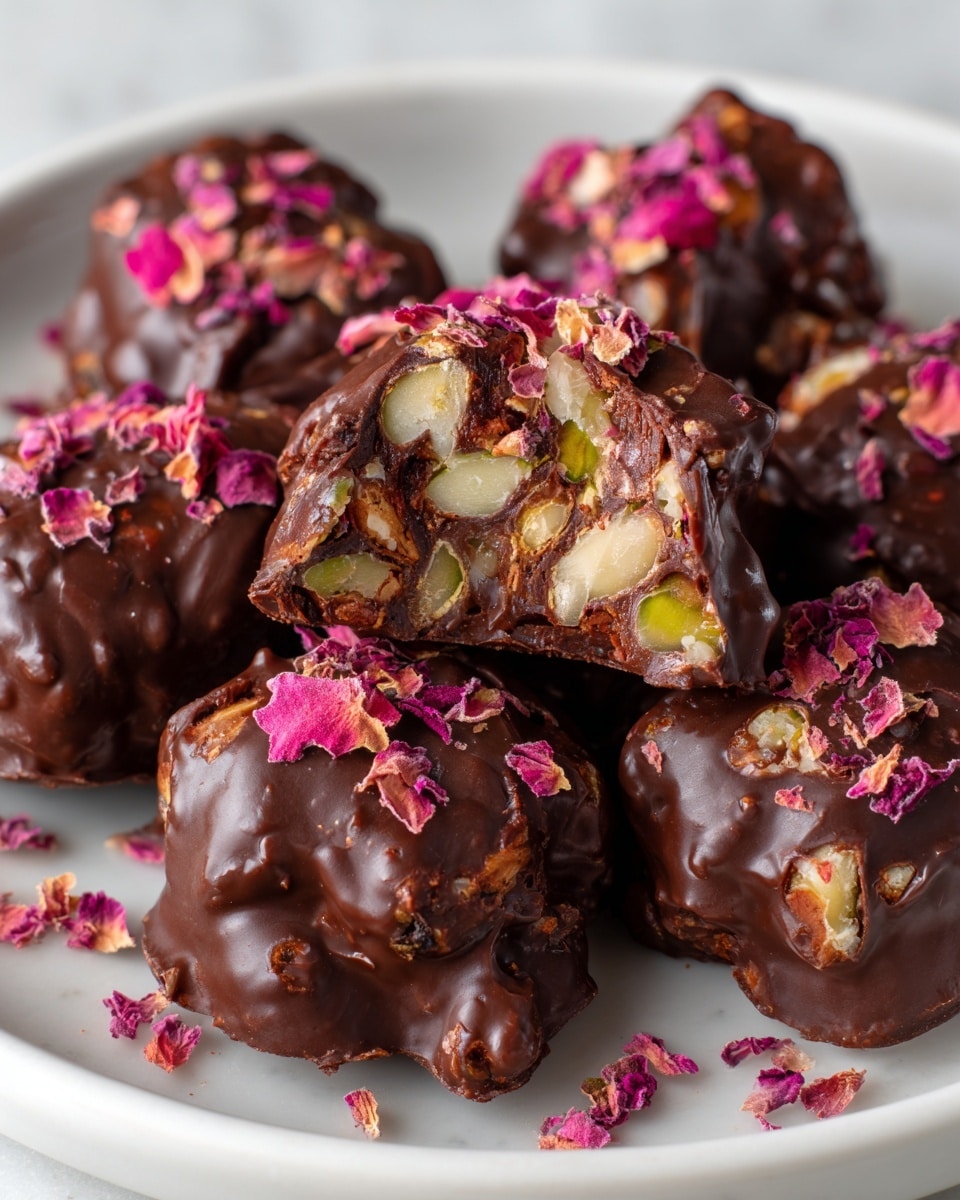 This image shows several clusters of dark chocolate mixed with nuts like pistachios and peanuts, all placed on a white plate. Each cluster has a rough, glossy texture with chunks of nuts visible inside and around the chocolate. Dried pink rose petals are sprinkled on top of each piece, adding a splash of bright pink color. One cluster in the center is cut in half, revealing a cross-section of whole nuts embedded inside the rich brown chocolate. The white marbled surface underneath softly reflects light, giving the candy a fresh and inviting look. photo taken with an iphone --ar 4:5 --v 7